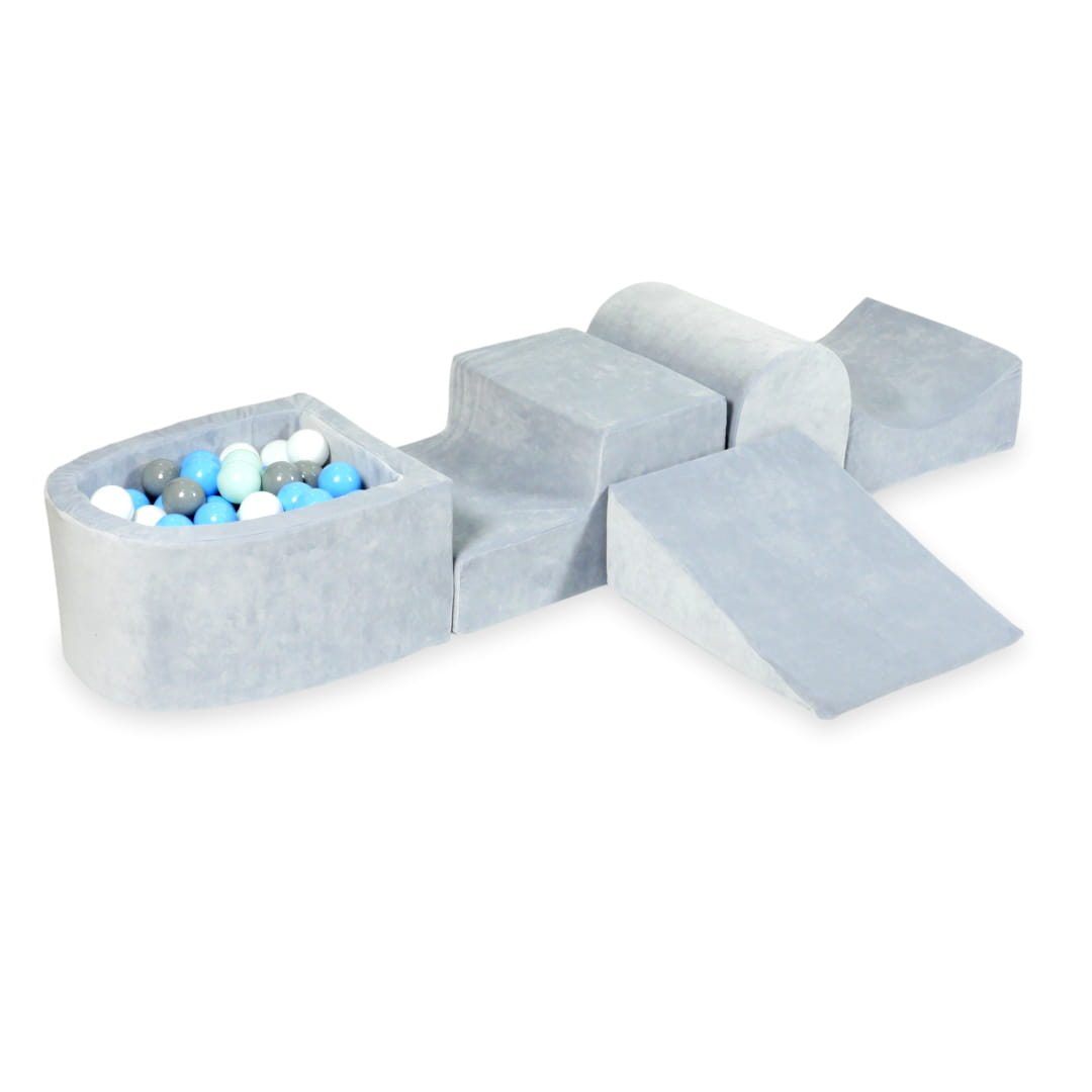 Ensemble de jeu en mousse avec colline et micro piscine velours doux gris clair avec balles 100 pièces (gris, blanc, bleu clair, menthe clair)