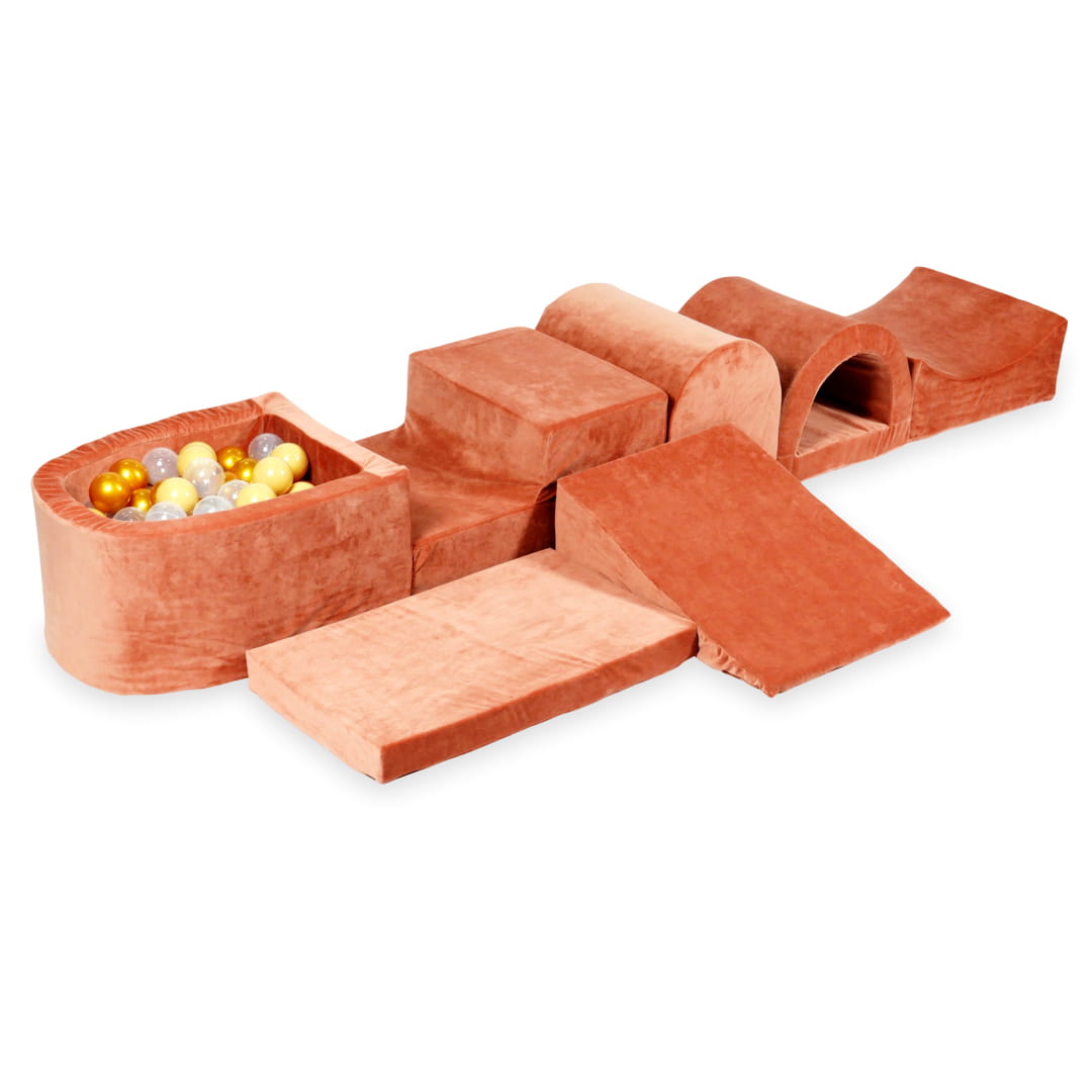 Aire de jeu en mousse avec micro piscine velours doux canyon argile avec balles 100 pièces (beige, or, transparent)