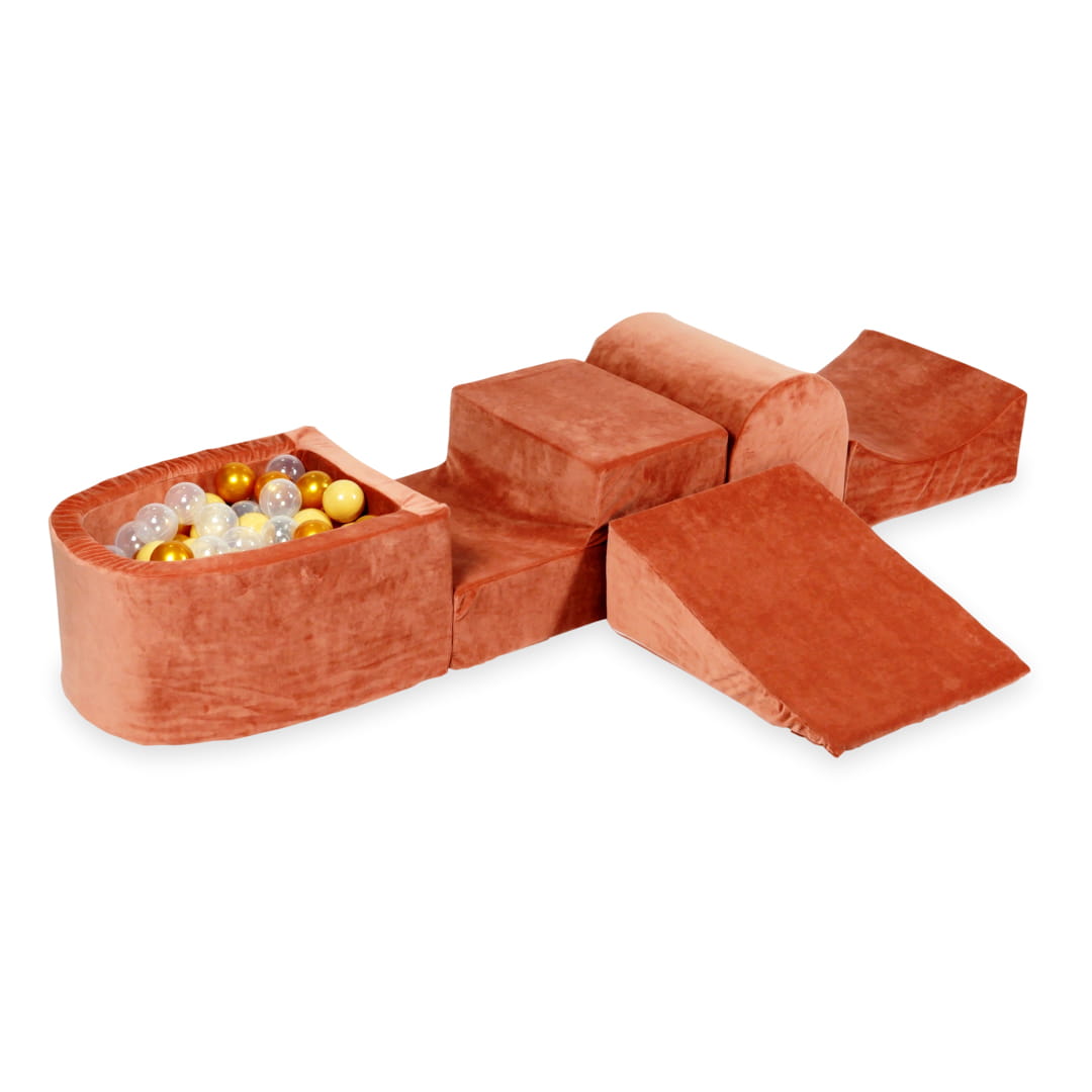 Ensemble de jeu en mousse avec colline et micro-piscine en velours doux canyon avec balles 100 pièces (beige, or, transparent)