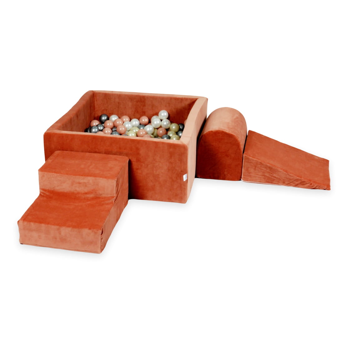 Ensemble de jeu en mousse avec piscine carrée 90x90x40 en terre battue douce et velours avec balles 400 pièces (or clair, or rose, argent, perle)