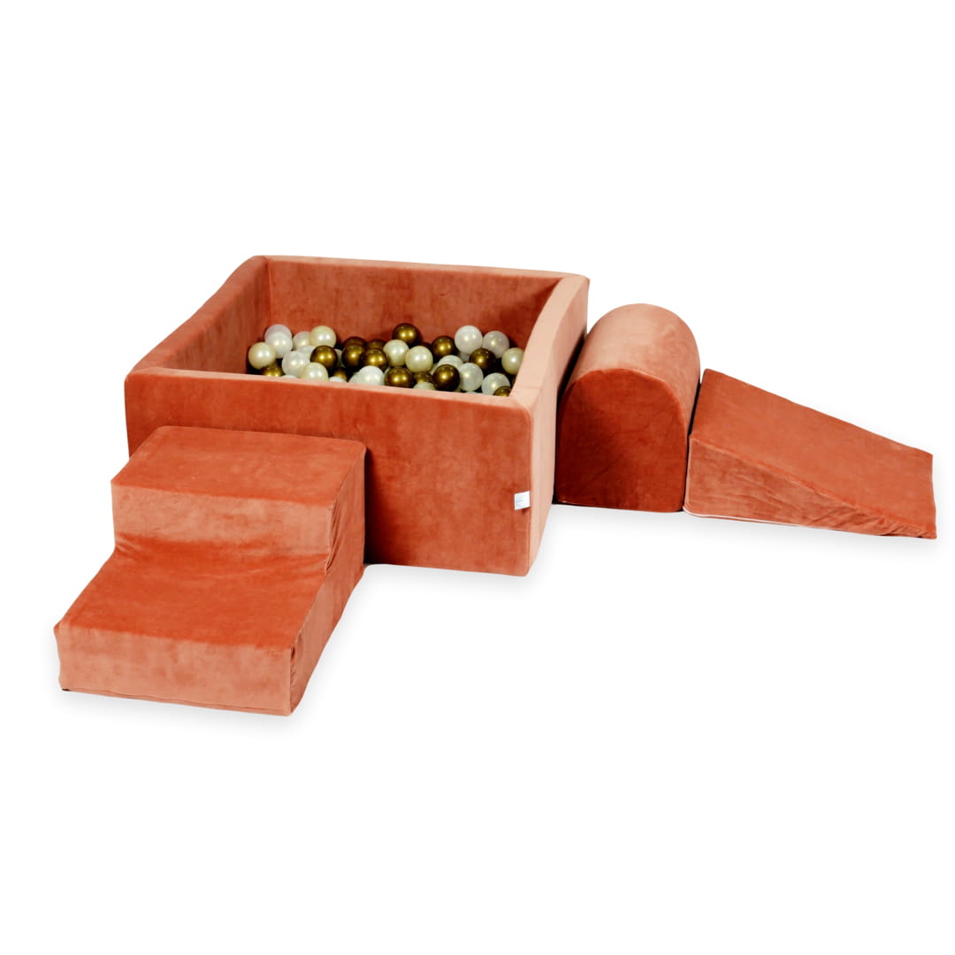 Ensemble de jeu en mousse avec piscine carrée 90x90x40 en terre battue de canyon douce en velours avec balles 400 pièces (vieil or, effet sirène, or clair)