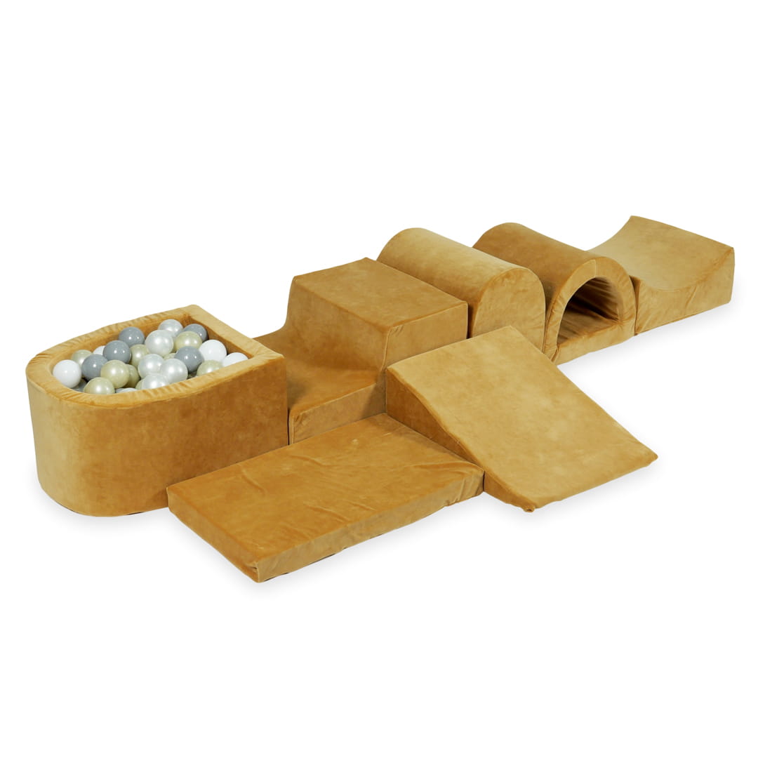 Aire de jeu en mousse avec micro piscine velours doux carmel avec balles 100 pièces (transparent, blanc, perle, gris, or clair)