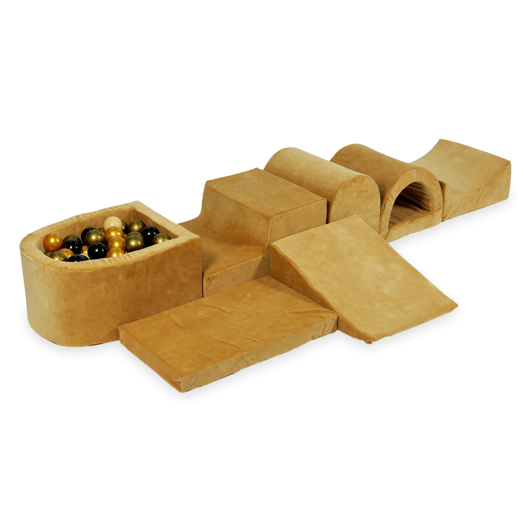 Aire de jeu en mousse avec micro piscine velours doux carmel avec balles 100 pièces (beige, vieil or, or, noir)