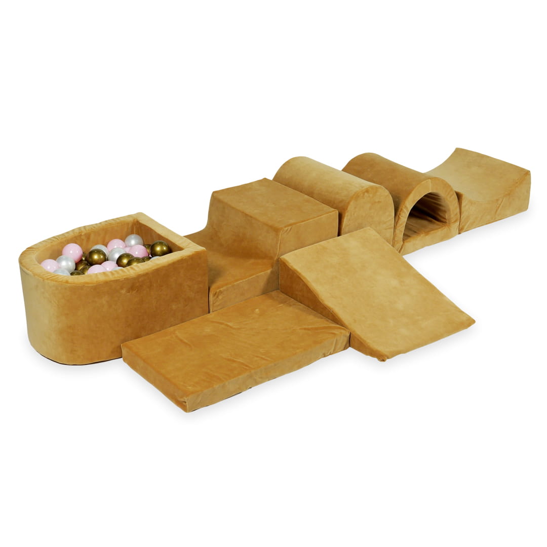 Aire de jeu en mousse avec micro piscine en velours doux carmel avec balles 100 pièces (vieil or, rose clair, perle)