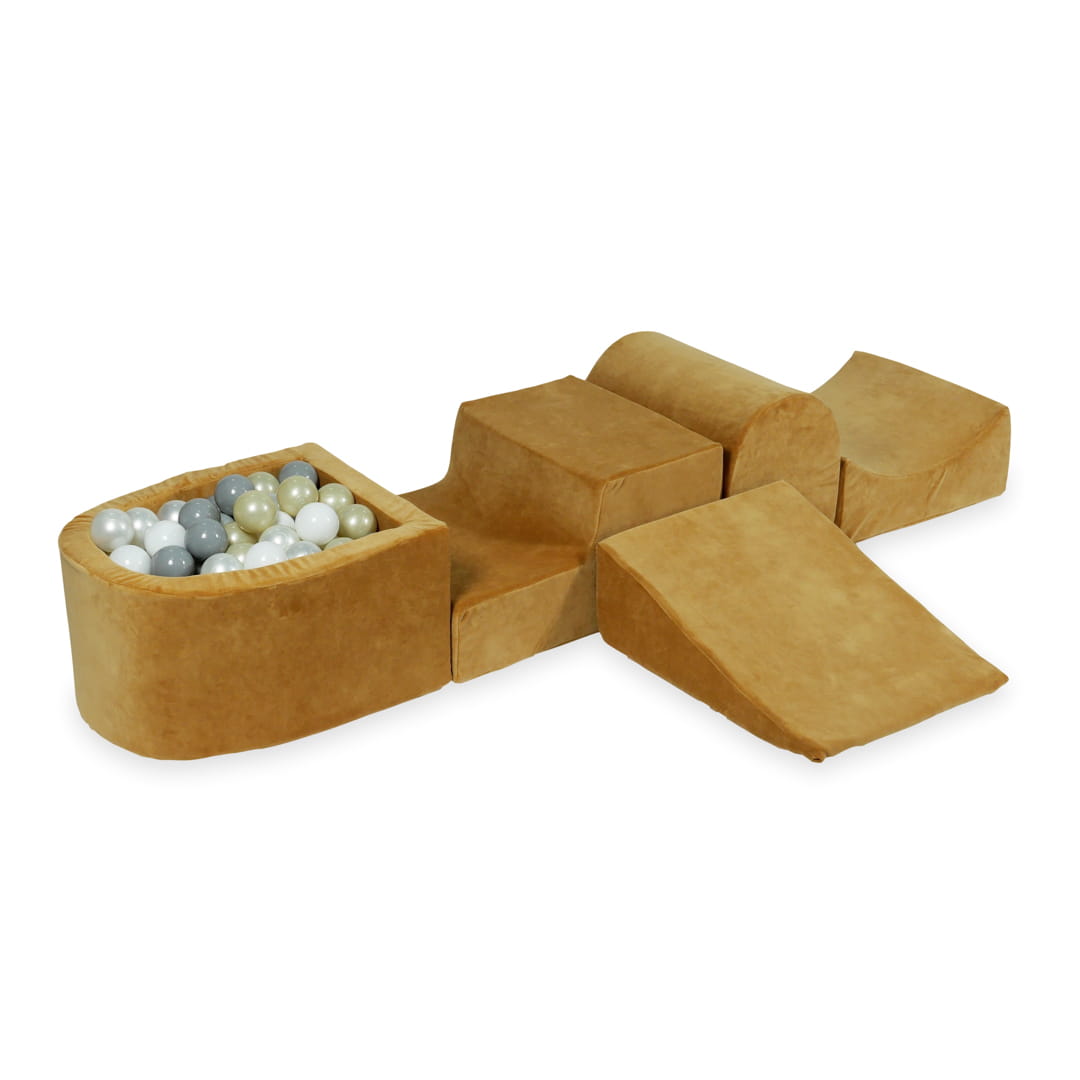 Ensemble de jeu en mousse avec colline et micro piscine velours doux carmel avec balles 100 pièces (transparent, blanc, perle, gris, or clair)