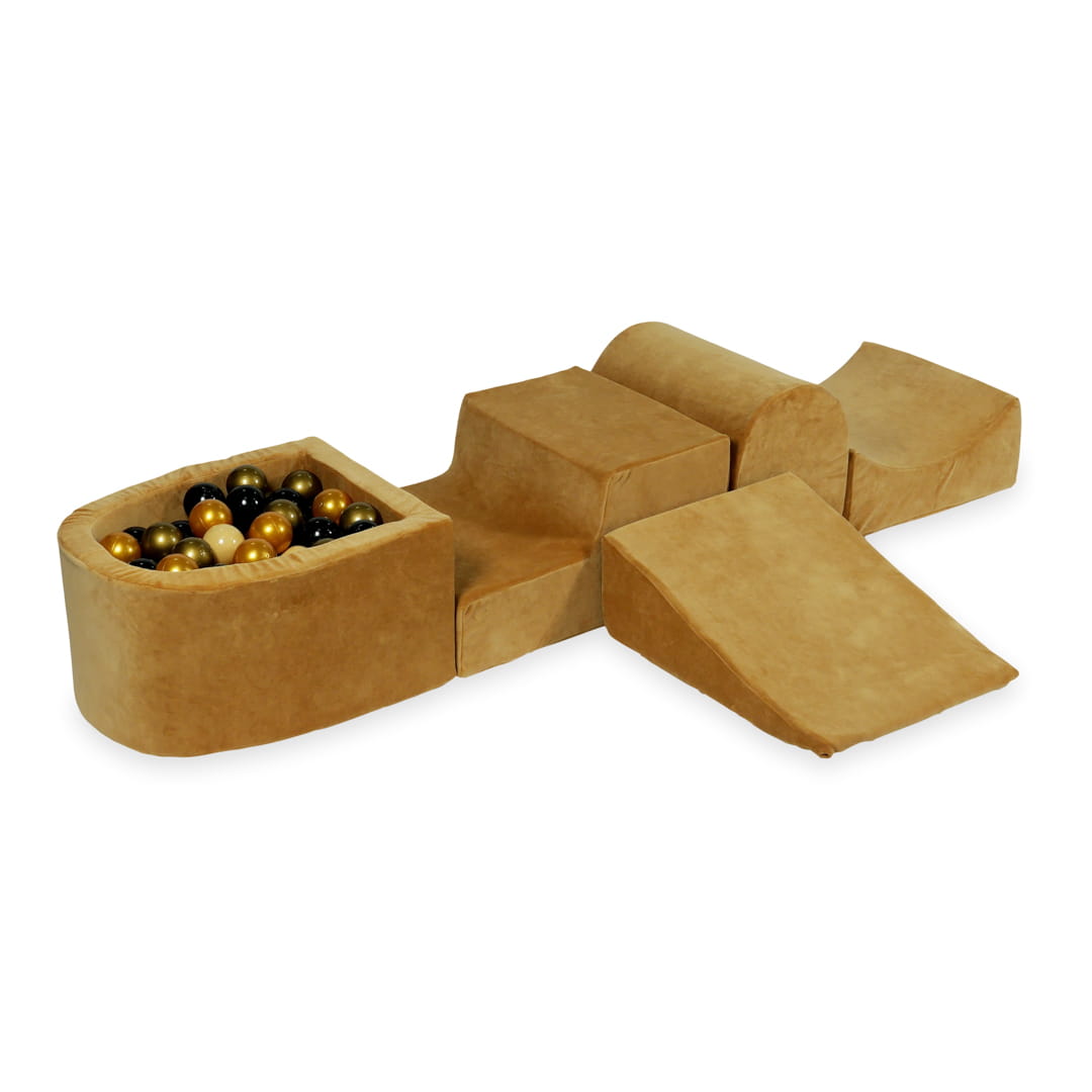 Ensemble de jeu en mousse avec colline et micro piscine velours doux carmel avec balles 100 pièces (beige, vieil or, or, noir)