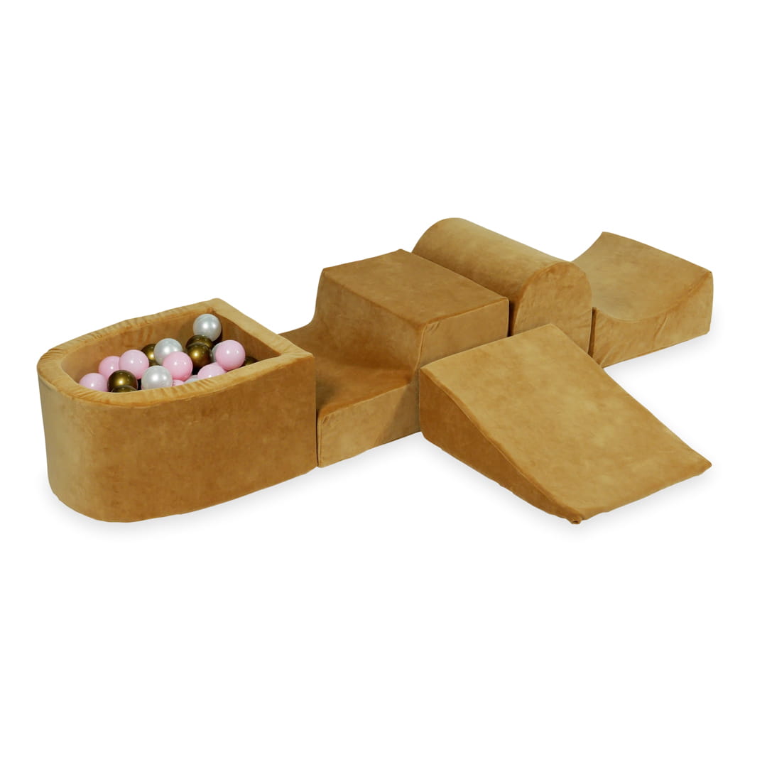 Ensemble de jeu en mousse avec colline et micro-piscine en velours doux carmel avec balles 100 pièces (vieil or, rose clair, perle)