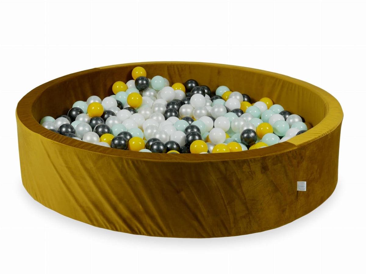 Piscine à Balles avec balles 600pcs 130x30 velours doré (jaune, menthe clair, graphite métallisé, blanc, perle)