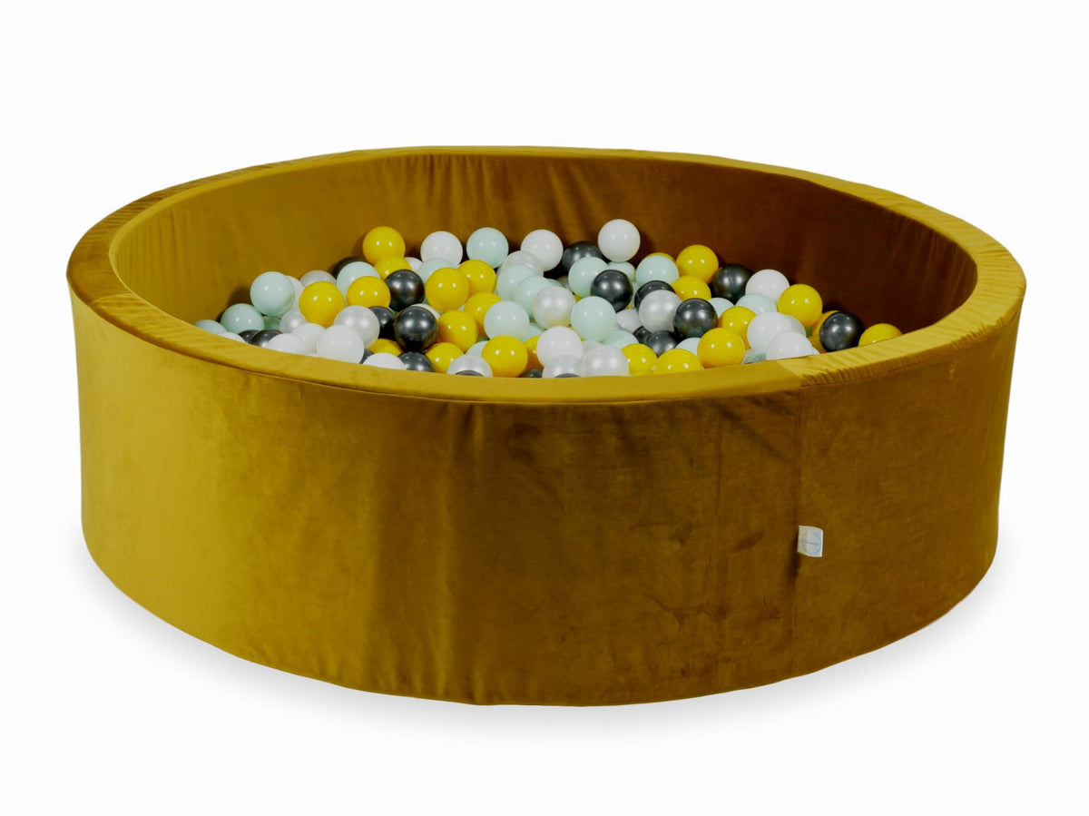 Piscine à Balles avec balles 700pcs 130x40 velours doré (jaune, menthe clair, graphite métallisé, blanc, perle)