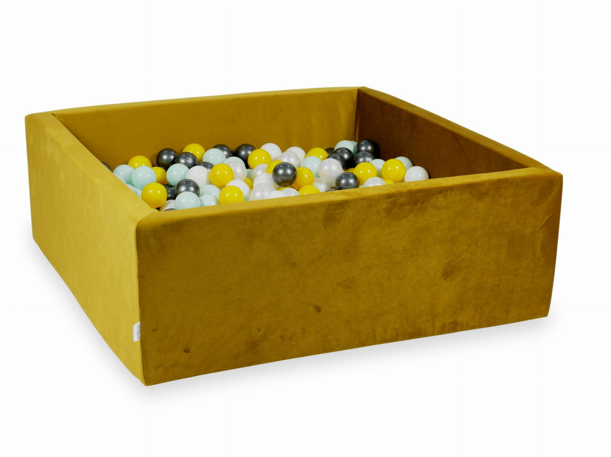 Piscine à Balles avec balles 600pcs 110x110x40 velours doré (jaune, menthe clair, graphite métallique, blanc, perle)