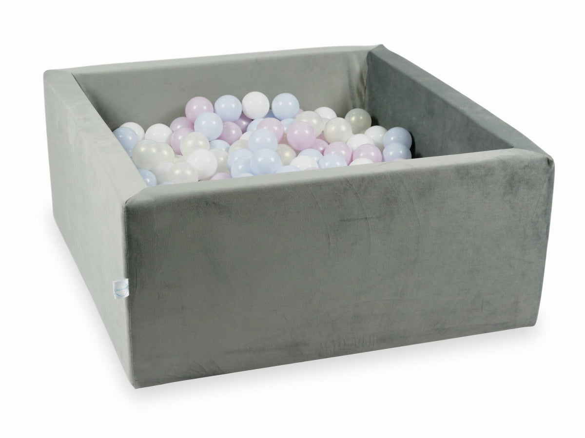 Piscine à Balles avec balles 400pcs 90x90x40 gris velours (perle rose layette, perle bleu layette, effet sirène, blanc)