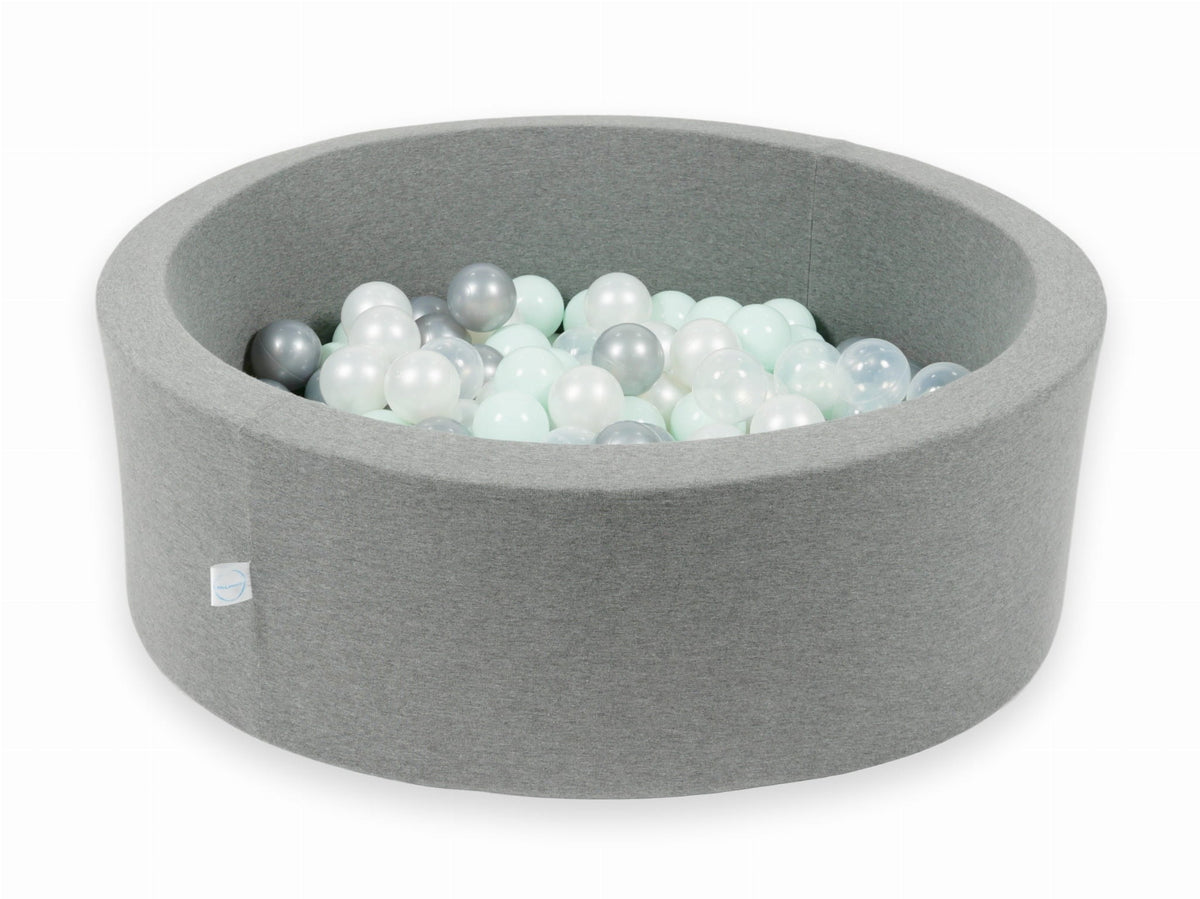 Piscine à Balles gris 90x30 avec boules 200pcs (transparent, perle, argent, menthe clair)