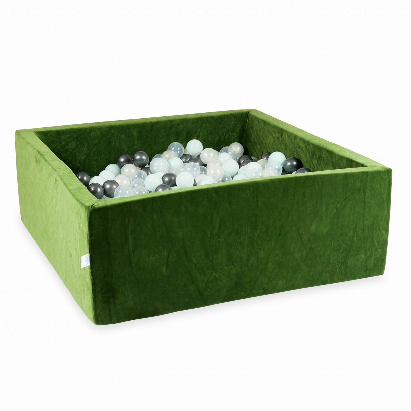 Piscine à balles 110x110x40 Velvet Soft Olive avec balles 600 pcs. (transparent, menthe, graphite métallisé, effet sirène)