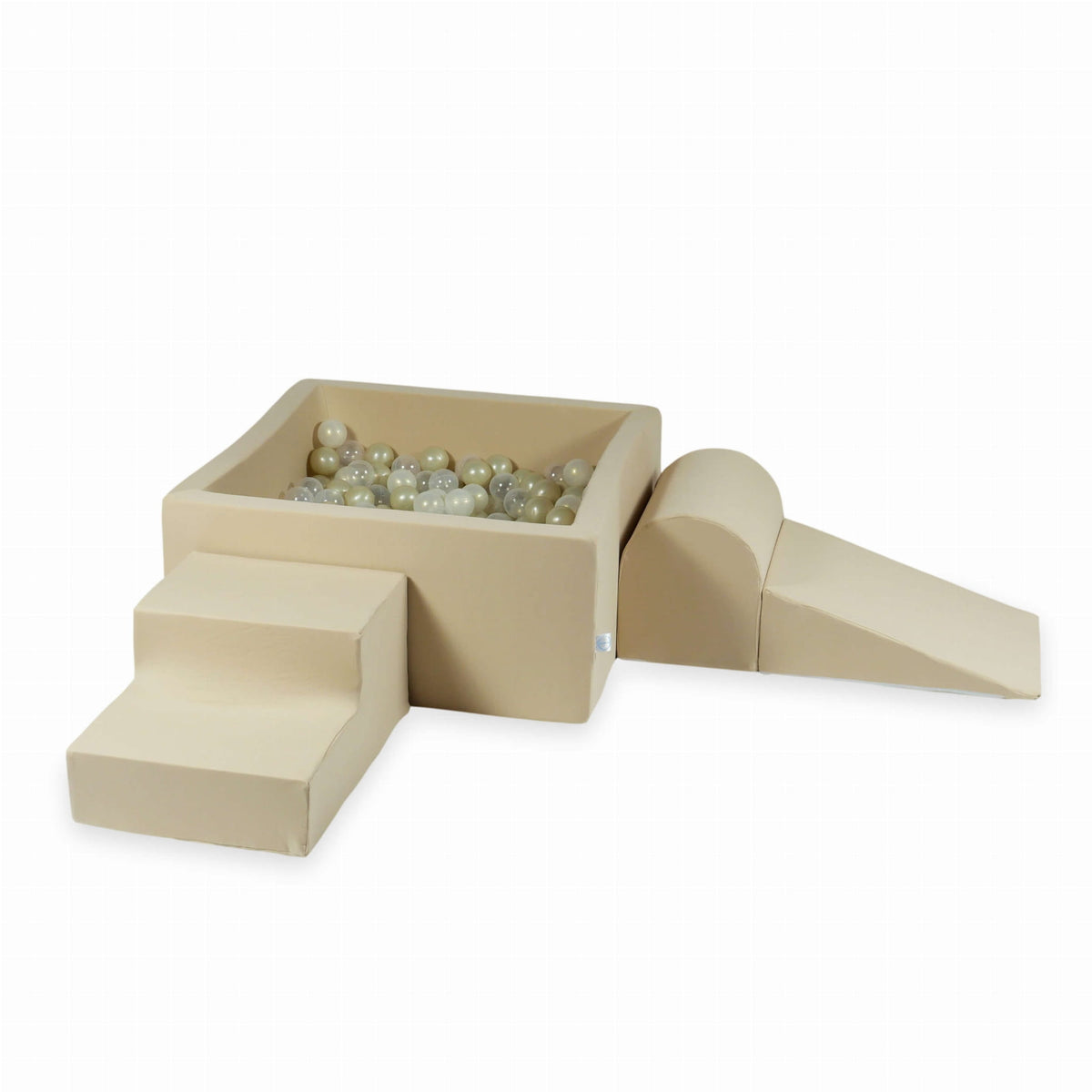Jeux en mousse avec piscine carrée 90x90x40 beige + 400 balles (transparent, doré clair, effet sirène)
