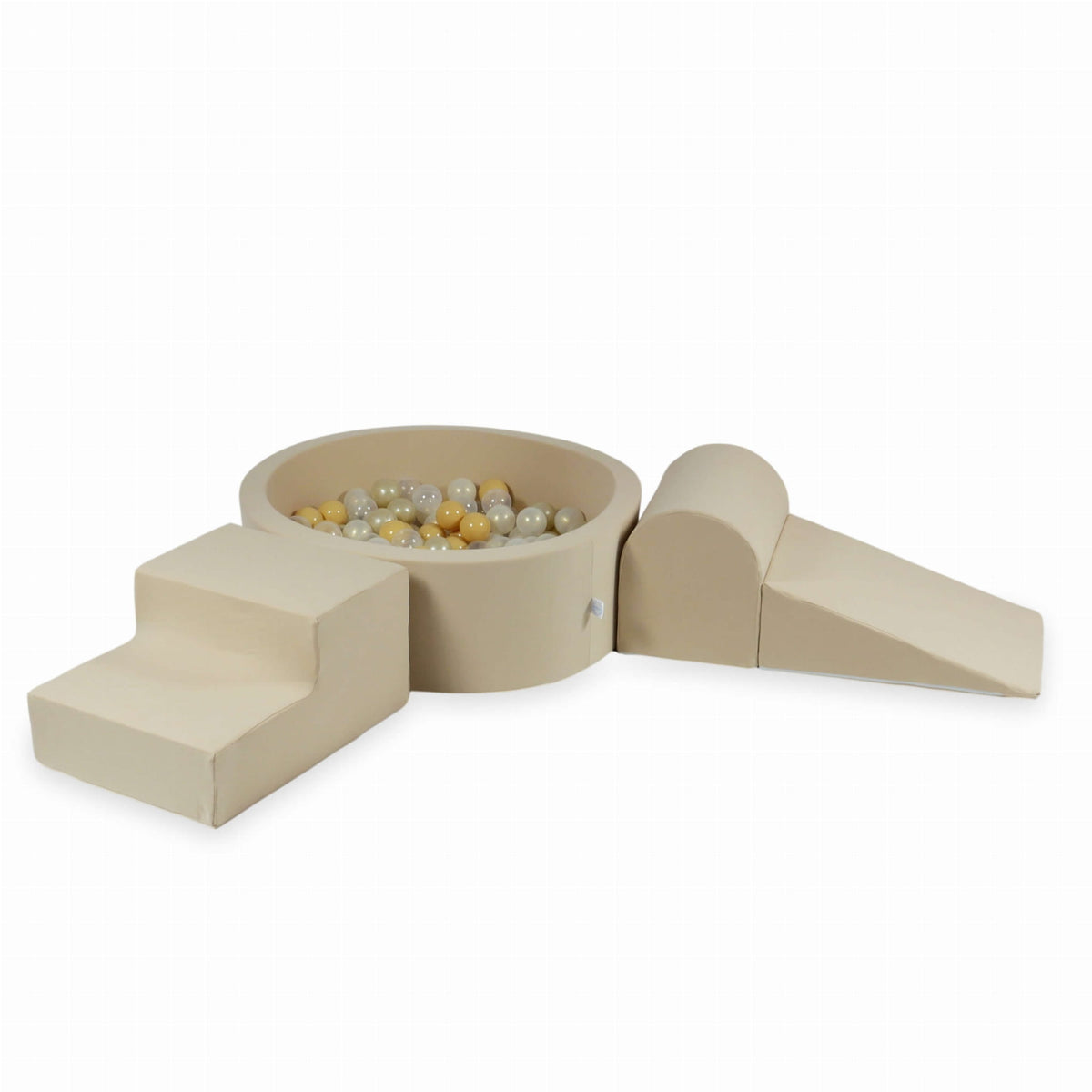 Jeu en mousse avec piscine ronde 90x30 beige + 200 balles (transparent, effet sirène, or clair, beige)