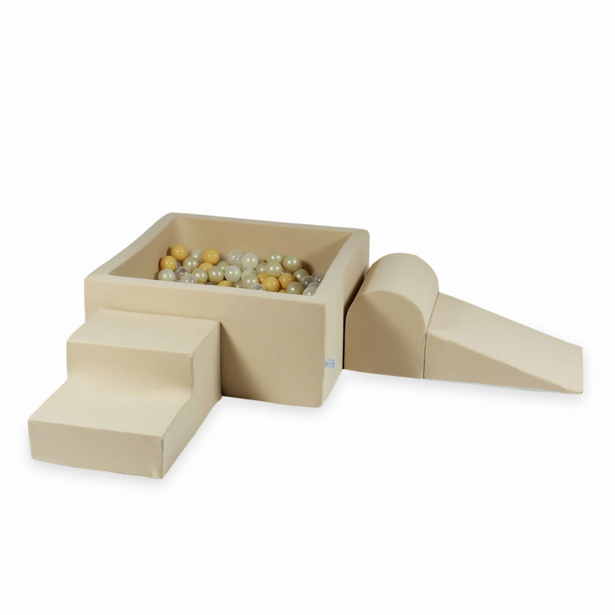 Jeu en mousse avec piscine carrée 90x90x40 beige + 400 balles (transparent, effet sirène, or clair, beige)