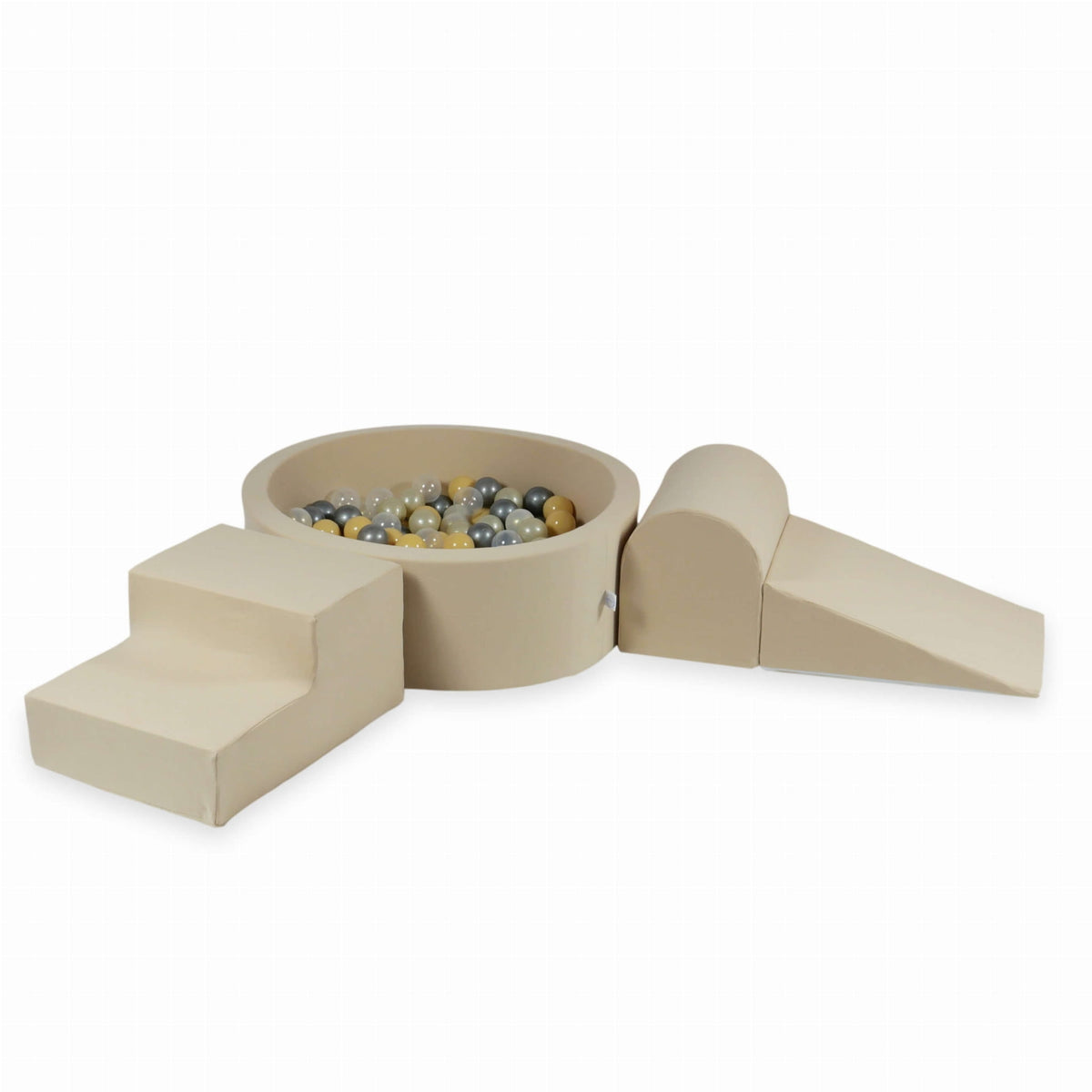 Jeu en mousse avec piscine ronde 90x30 beige + 200 balles (transparent, effet sirène, or clair, argent, beige)