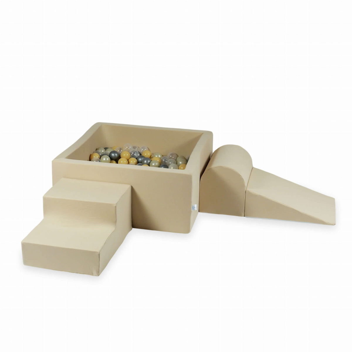 Jeu en mousse avec piscine carrée 90x90x40 beige + 400 balles (transparent, effet sirène, or clair, argent, beige)