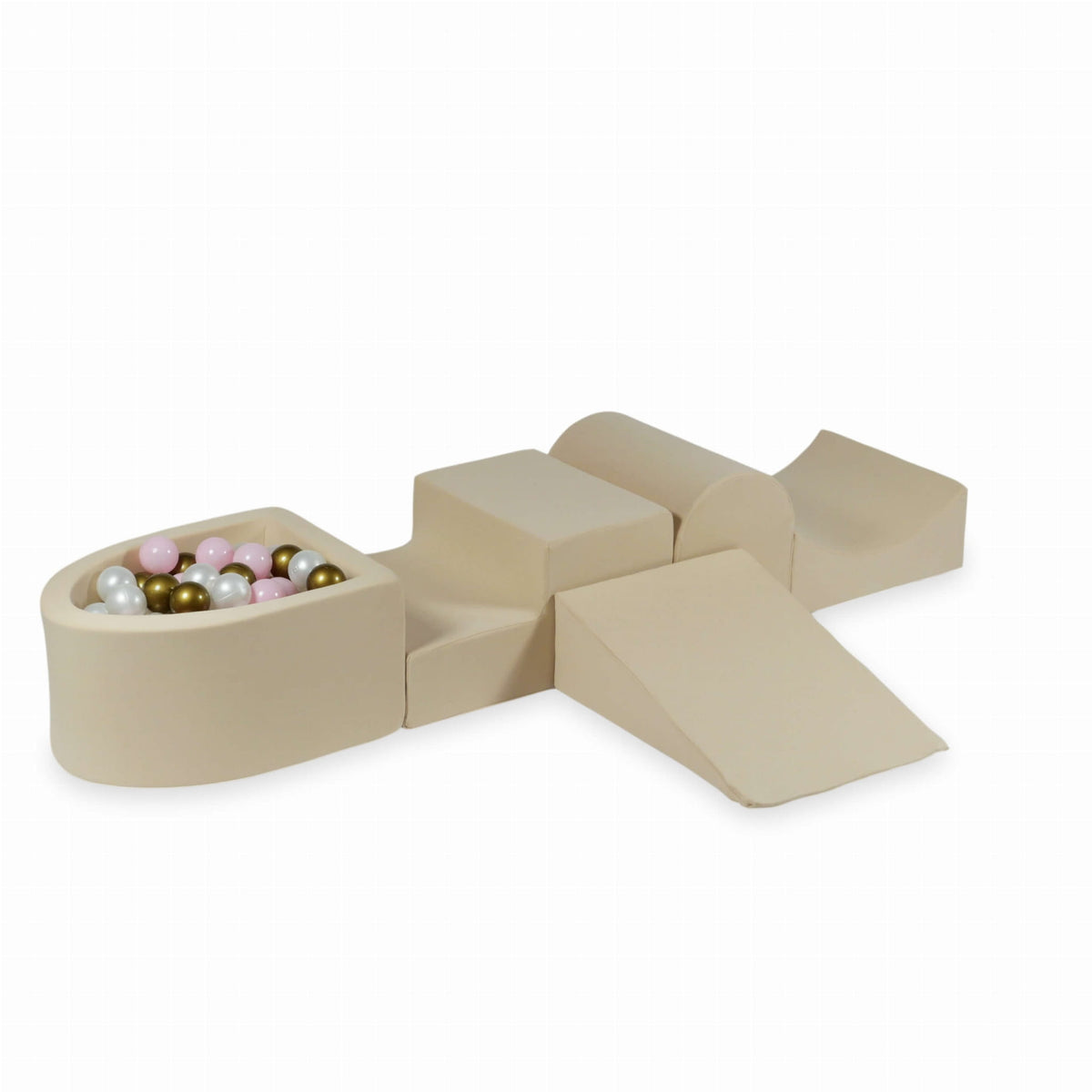 Jeu en mousse avec colline et micro-piscine beige + 100 balles (perle, rose bébé, vieil or)