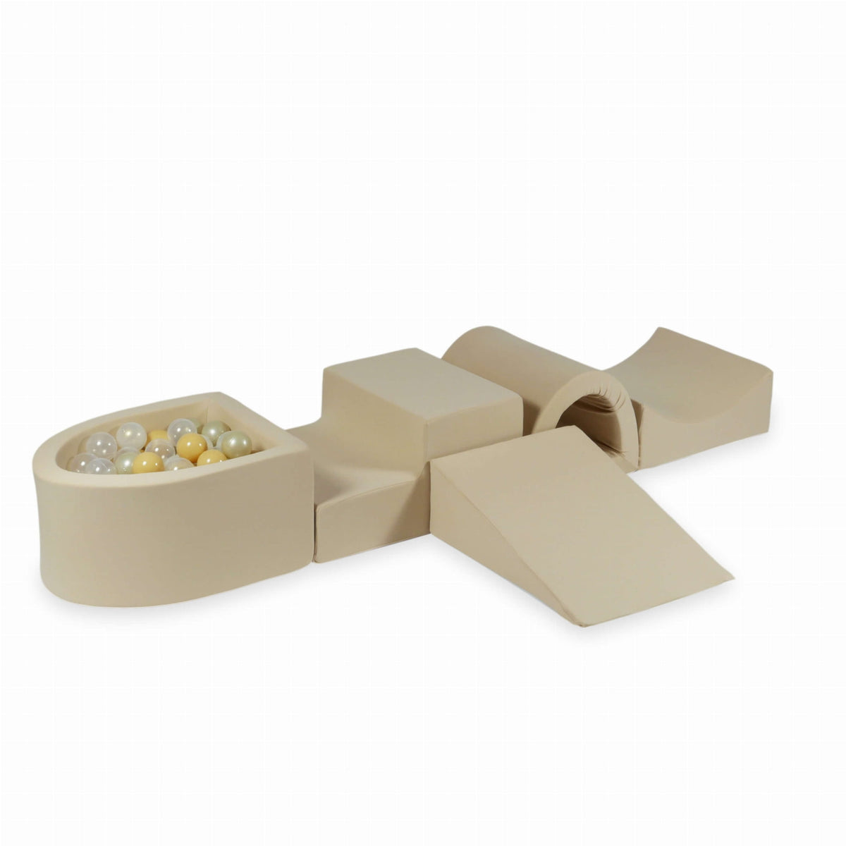 Jeu en mousse avec pont et micro-piscine beige + 100 balles (transparent, effet sirène, or clair, beige)