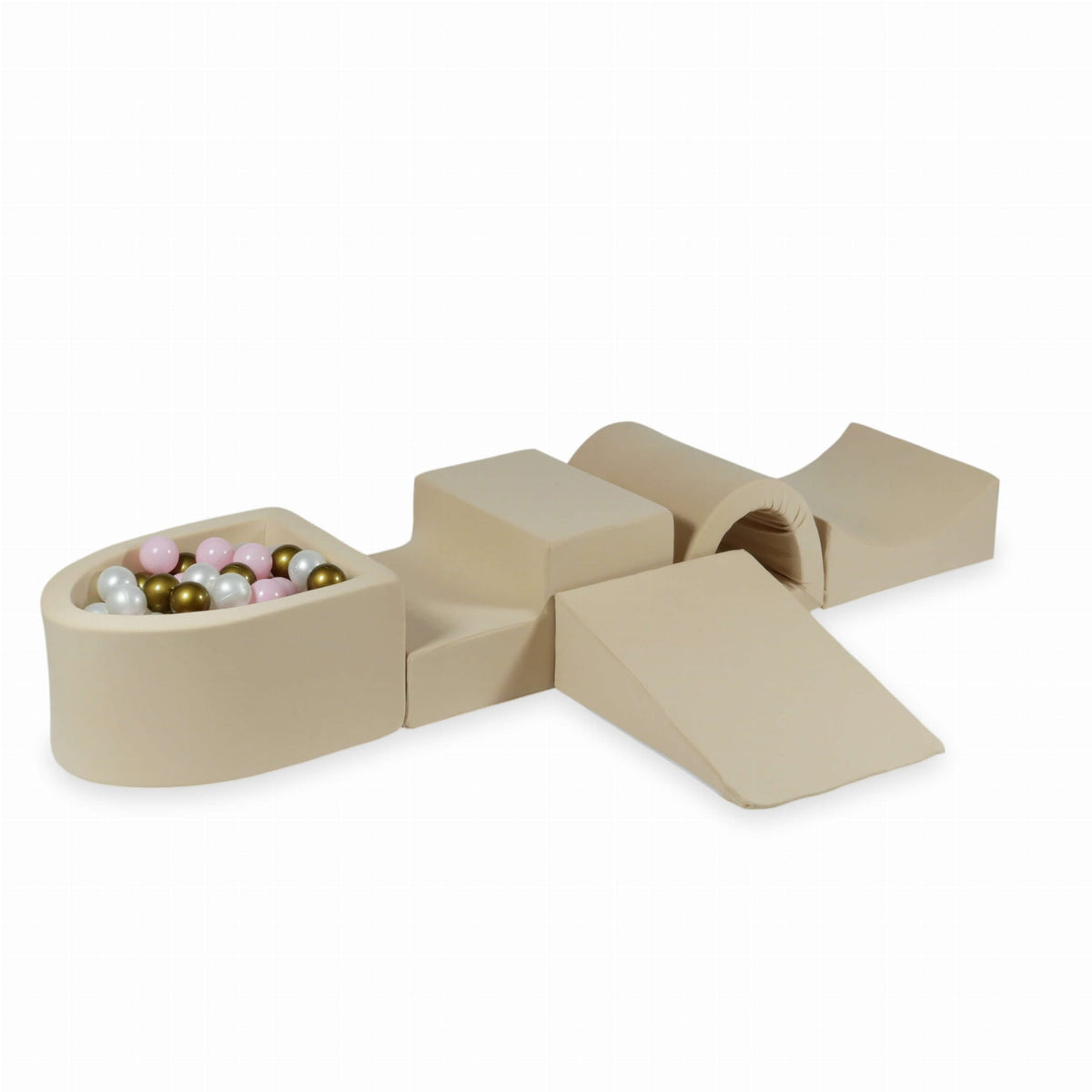 Coffret en mousse avec pont et micro piscine beige + 100 boules (perle, rose bébé, vieil or)
