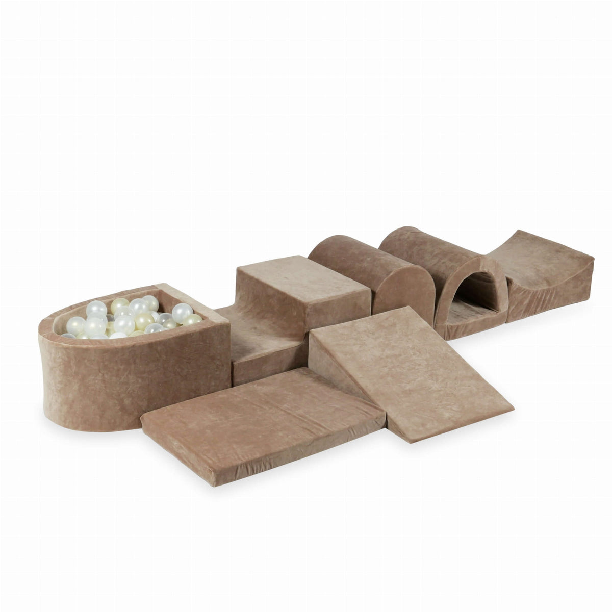 Aire de jeu en mousse avec micro piscine Velvet Soft Dark Beige + 100 balles (transparentes, blanches, nacrées, or clair, effet sirène)