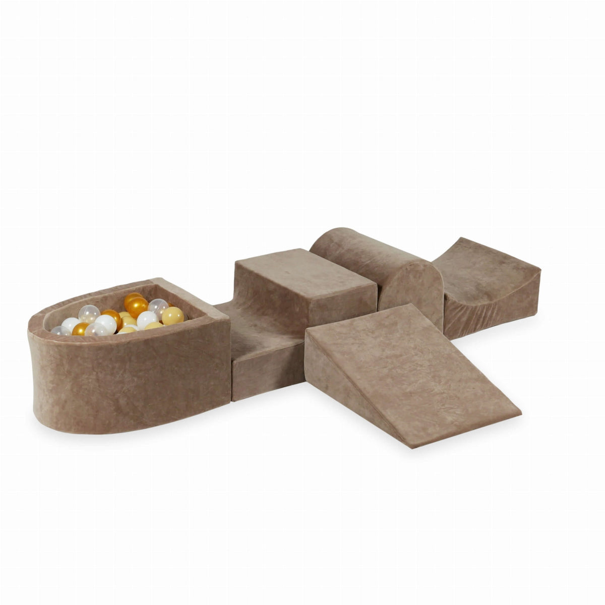 Ensemble de jeu en mousse avec colline et micro-piscine Velvet Soft Dark Beige + 100 balles (transparent, blanc, beige, doré)