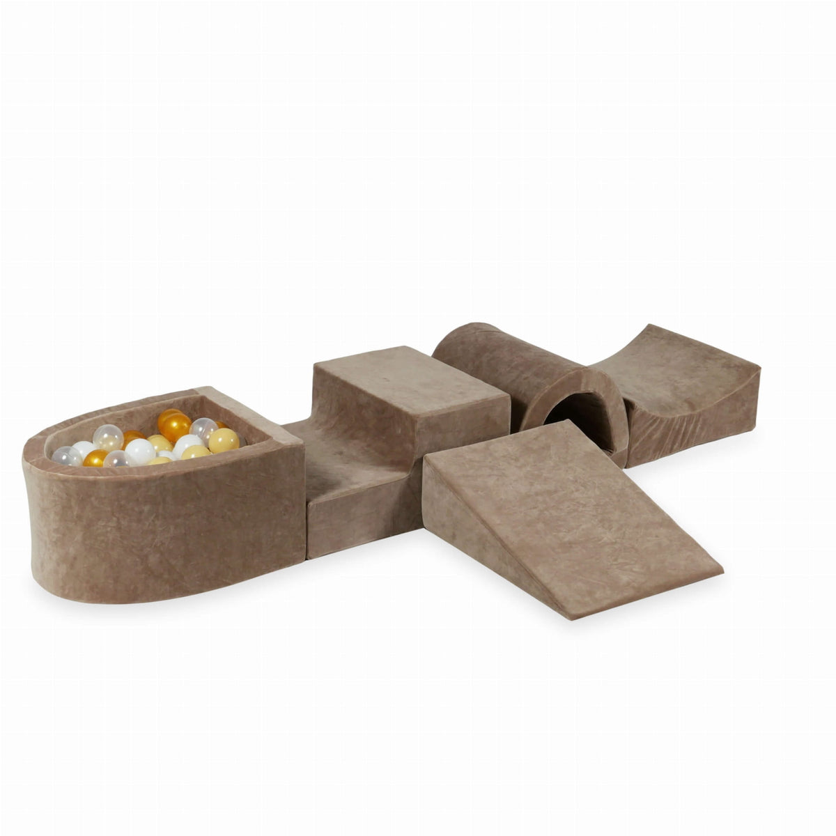 Coffret en mousse avec pont et micro-piscine Velvet Soft Dark Beige + 100 balles (transparentes, blanches, beiges, dorées)
