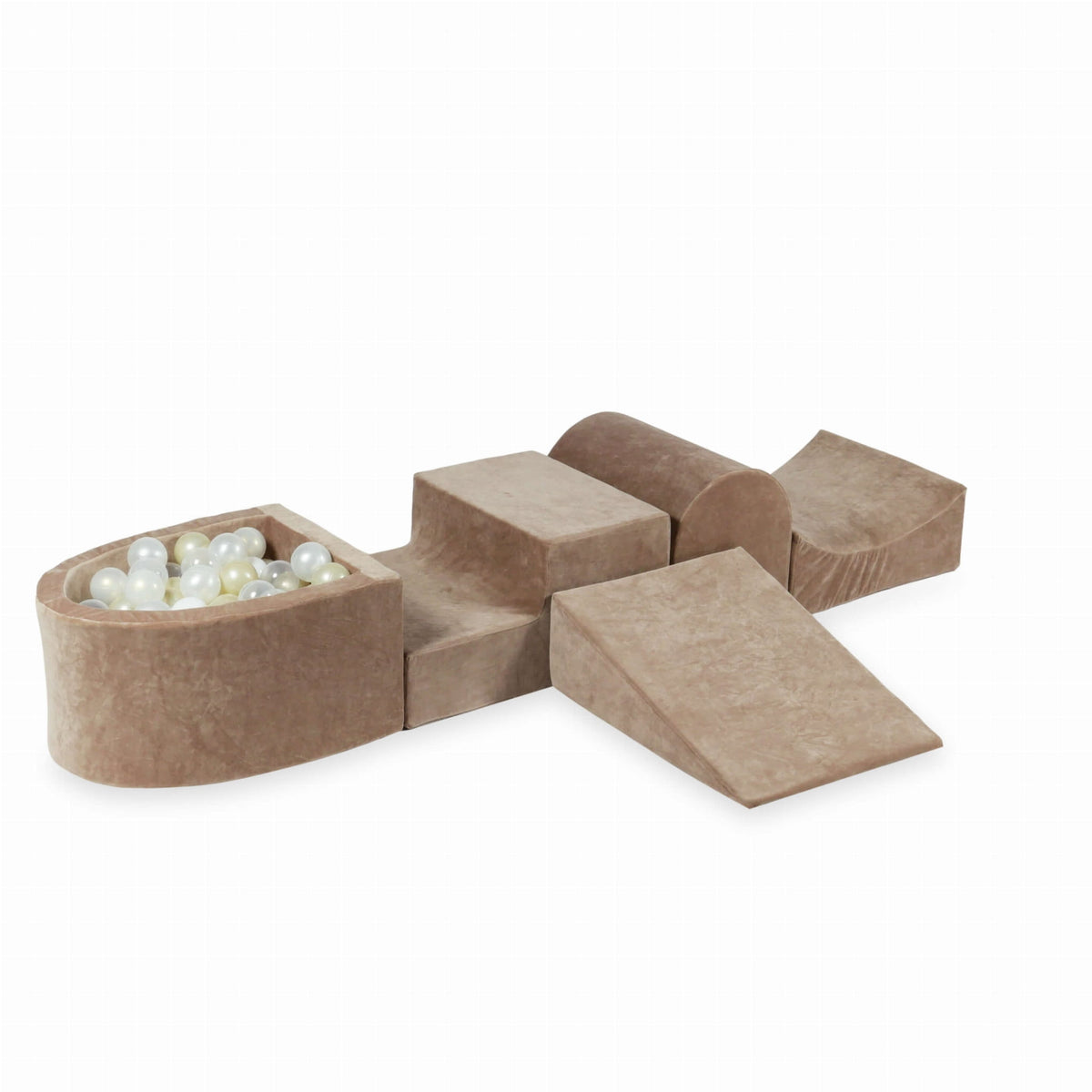 Coffret en mousse avec colline et micro-piscine Velvet Soft Dark Beige + 100 balles (transparentes, blanches, nacrées, or clair, effet sirène)