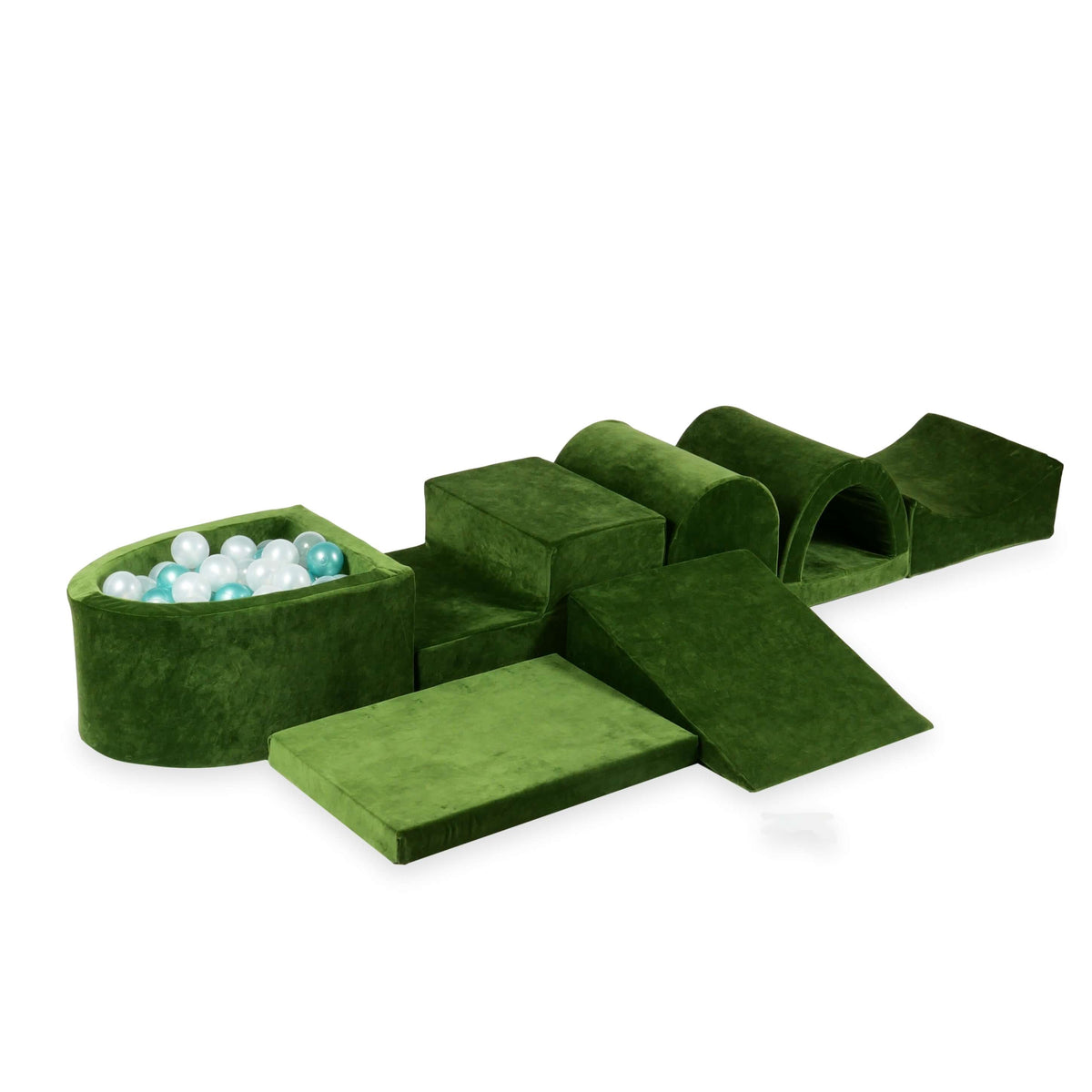 Aire de jeu en mousse avec micro piscine Velvet Soft Olive + 100 balles (transparentes, nacrées, turquoise métallisées)