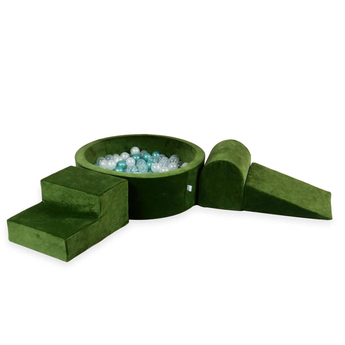 Jeu en mousse avec piscine ronde 90x30 Velvet Soft Olive + 200 balles (transparent, perle, turquoise métallisé)