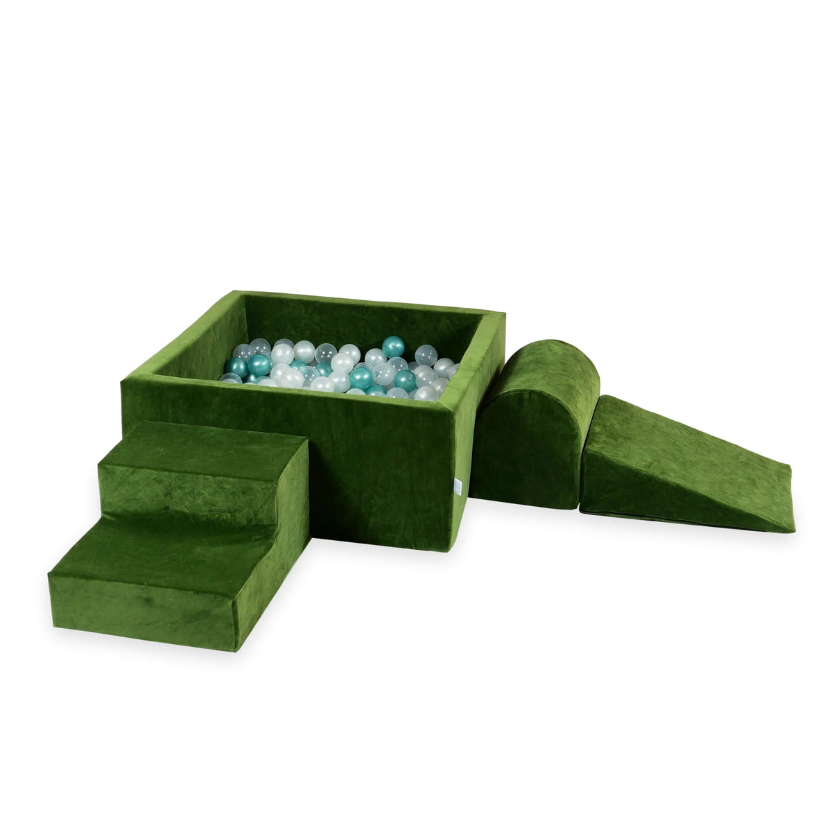 Ensemble de jeux en mousse avec piscine carrée 90x90x40 Velvet Soft Olive + 400 balles (transparent, perle, turquoise métallisé)