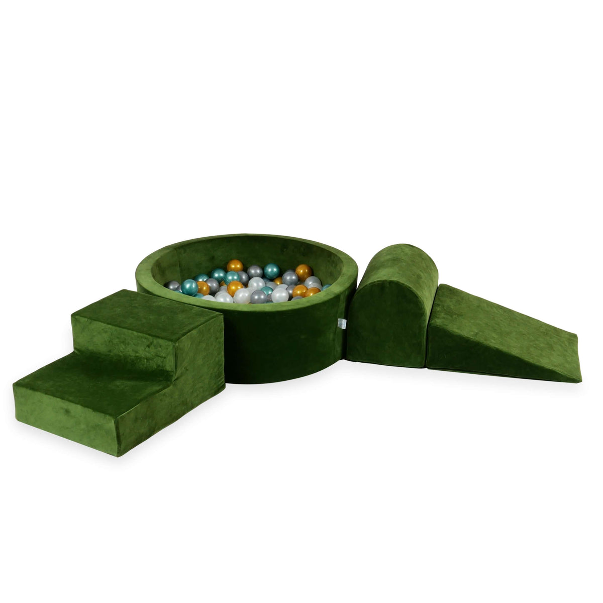 Jeu en mousse avec piscine ronde 90x30 Velvet Soft Olive + 200 balles (perle, argent, or, turquoise métallisé)