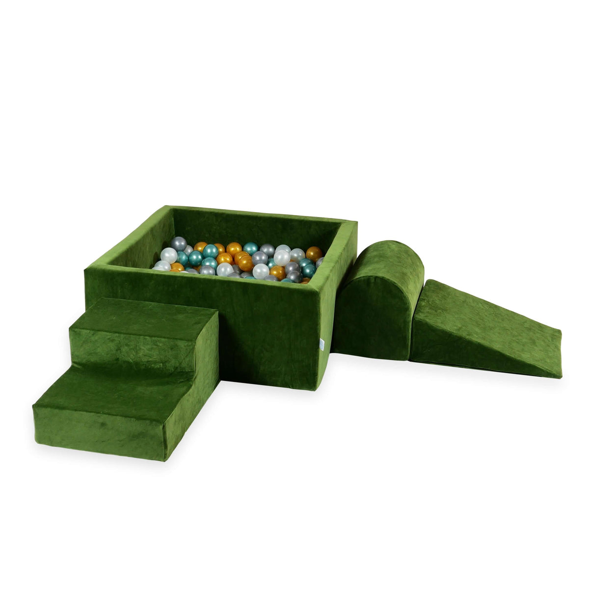 Jeu en mousse avec piscine carrée 90x90x40 Velvet Soft Olive + 400 balles (perle, argent, or, turquoise métallisé)