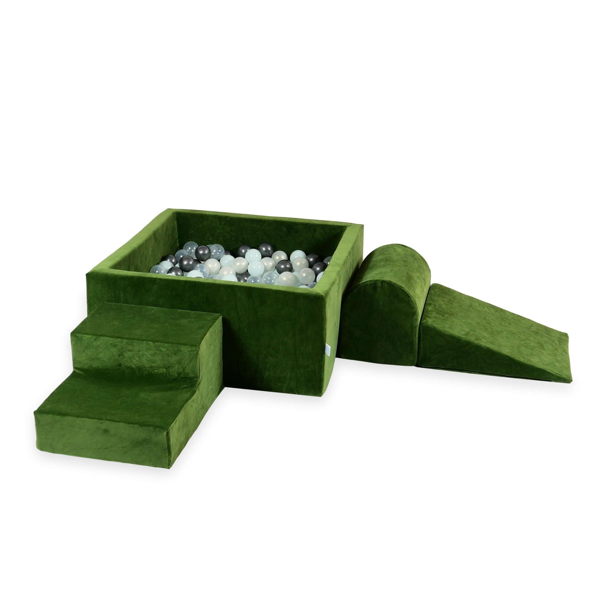 Jeux en mousse avec piscine carrée 90x90x40 Velvet Soft Olive + 400 balles (transparent, menthe, graphite métallisé, effet sirène)
