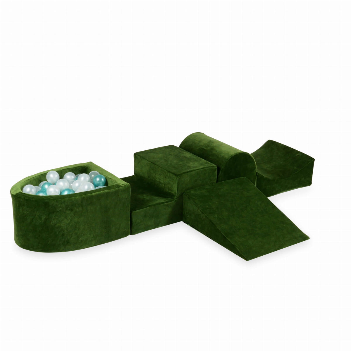 Ensemble de jeu en mousse avec colline et micro-piscine Velvet Soft Olive + 100 balles (transparent, perle, turquoise métallisé)