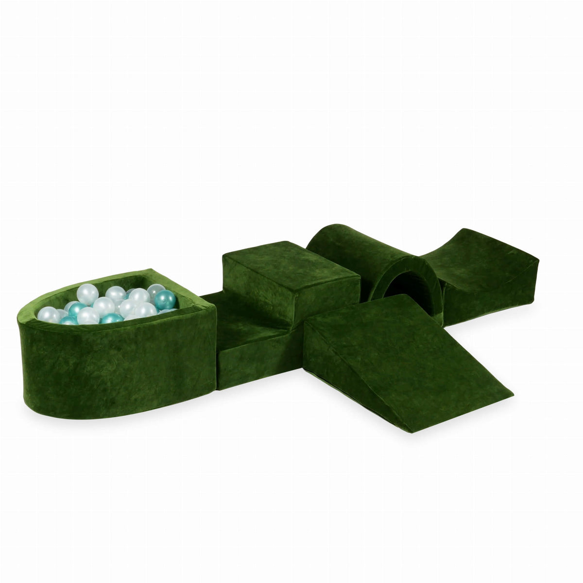Ensemble de jeu en mousse avec pont et micro-piscine Velvet Soft Olive + 100 balles (transparent, perle, turquoise métallisé)