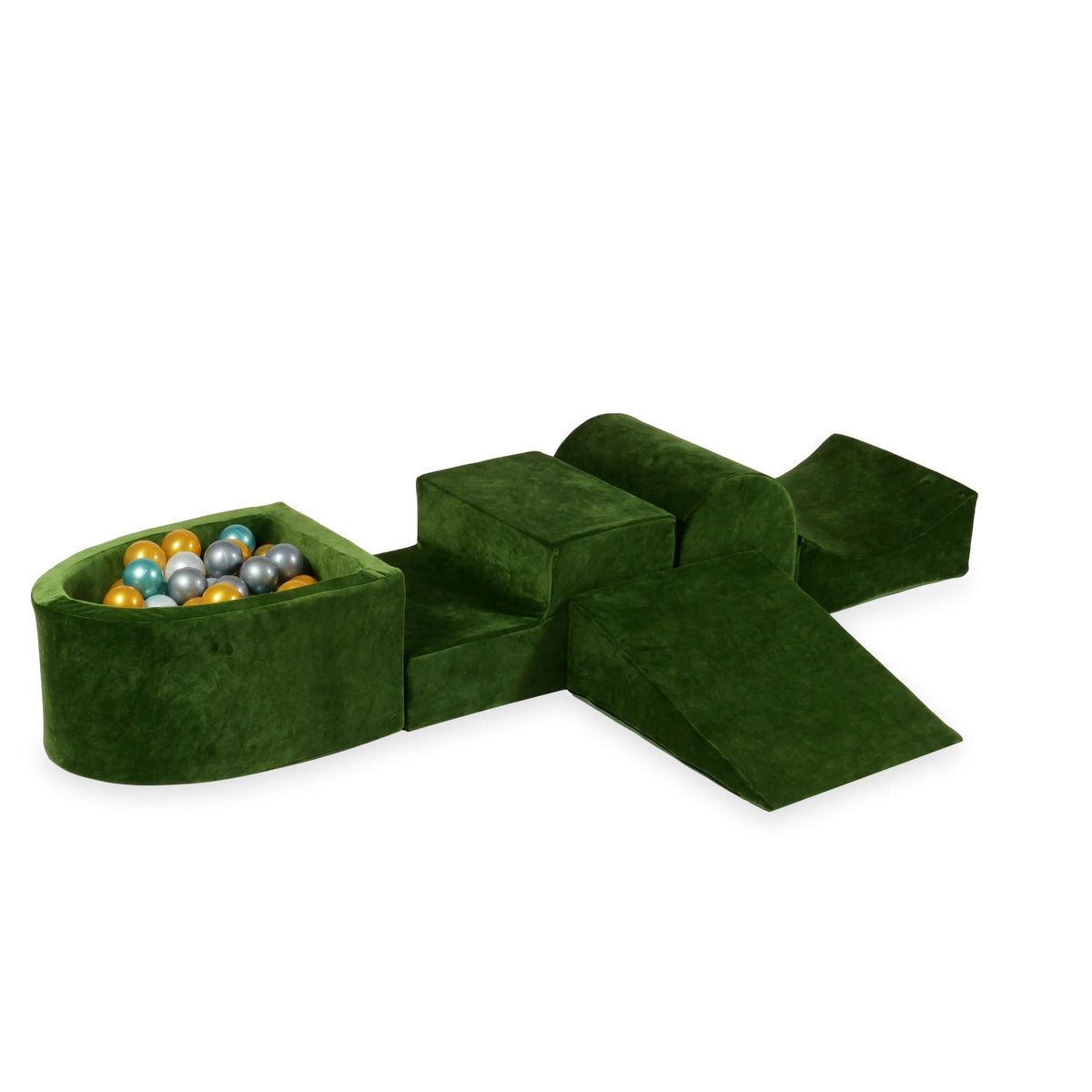 Coffret en mousse avec colline et micro-piscine Velvet Soft Olive + 100 balles (perle, argent, or, turquoise métallisé)