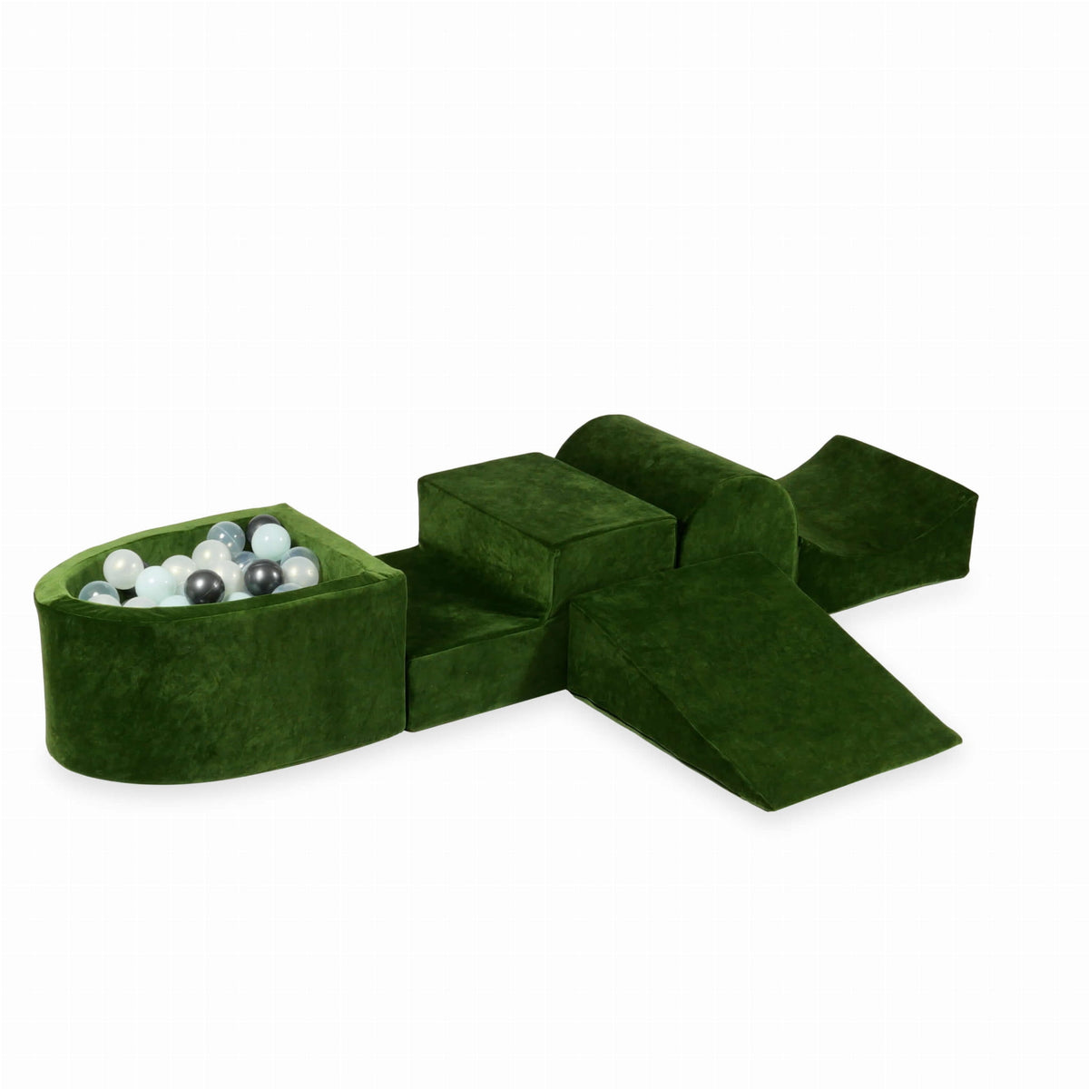 Coffret en mousse avec colline et micro-piscine Velvet Soft Olive + 100 balles (transparent, menthe, graphite métallisé, effet sirène)