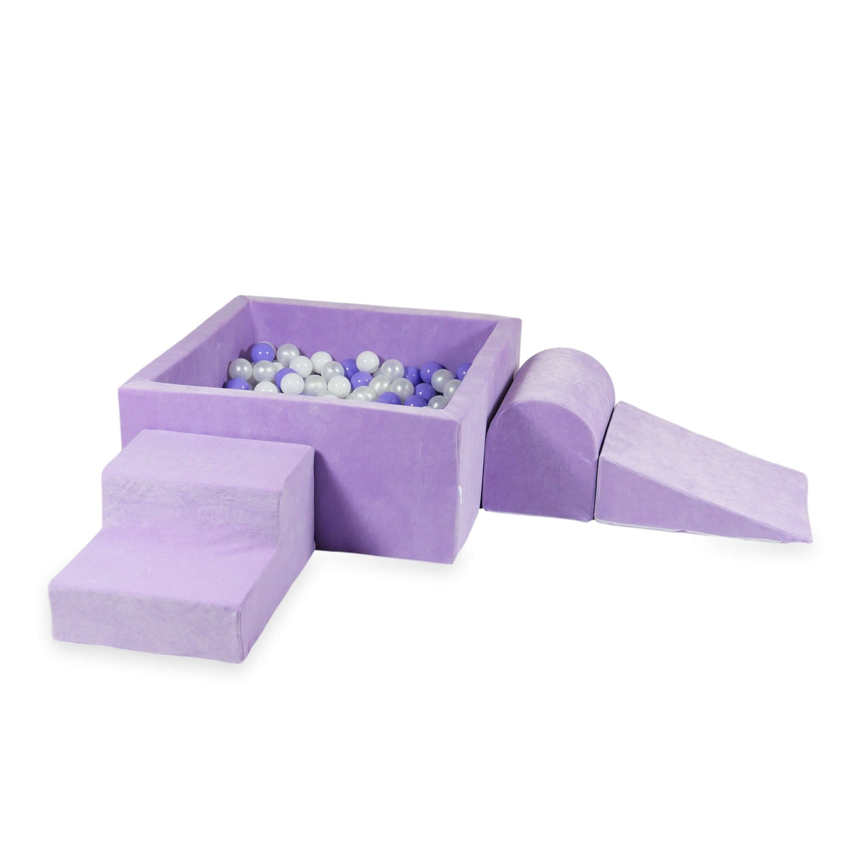 Ensemble de jeu en mousse avec piscine carrée 90x90x40 Velvet Soft Violet + 400 balles (blanc, perle, chiné)