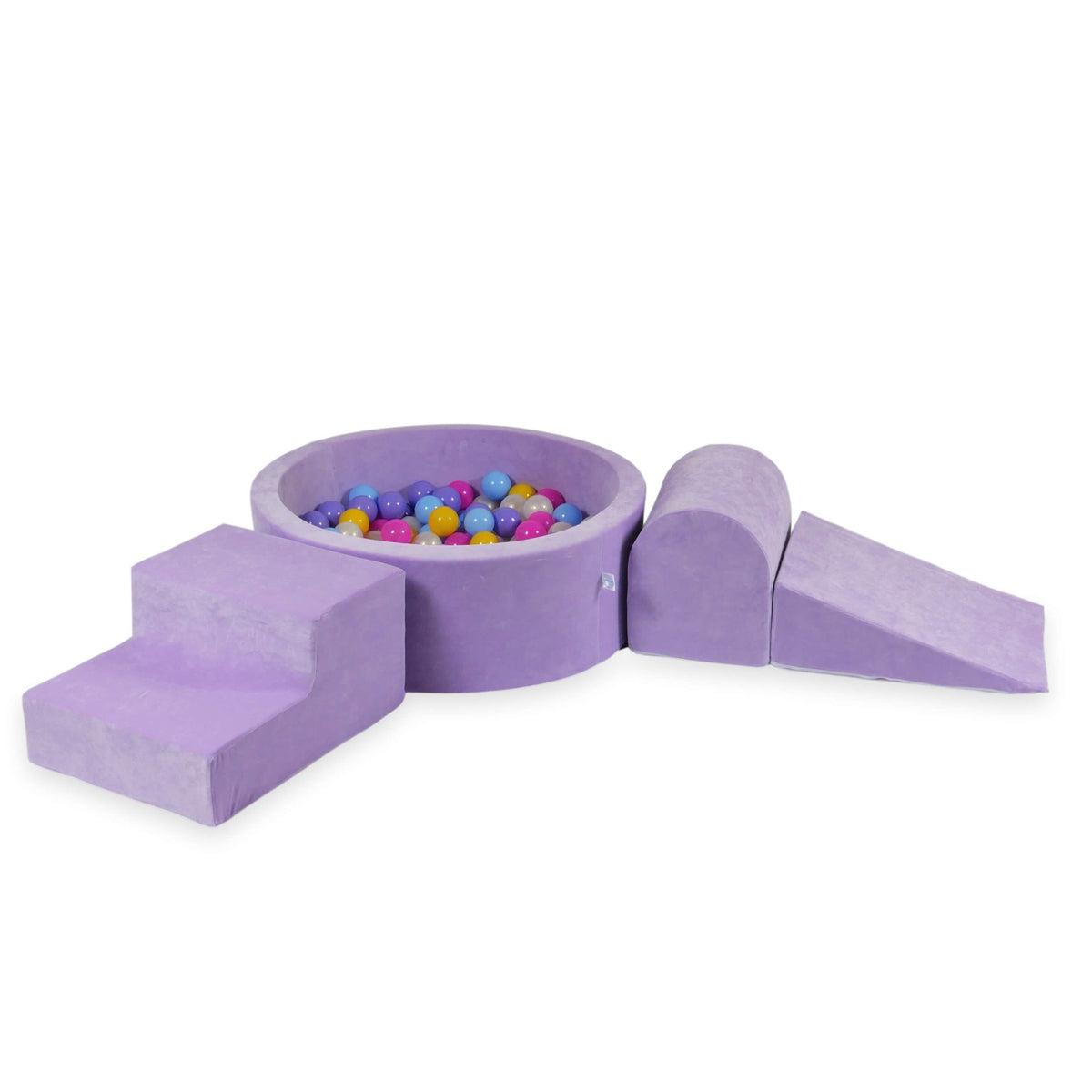 Ensemble de jeux en mousse avec piscine ronde 90x30 Velvet Soft Purple + 200 balles (rose, chiné, jaune, bleu bébé, effet sirène)