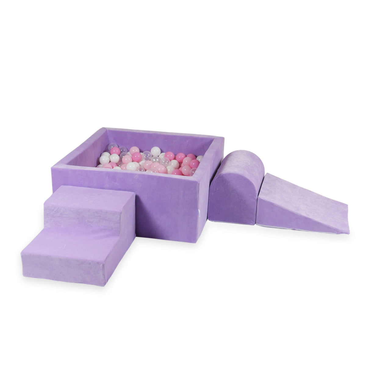 Ensemble de jeu en mousse avec piscine carrée 90x90x40 Velvet Soft Violet + 400 balles (transparent, blanc, rose bébé, rose poudré)