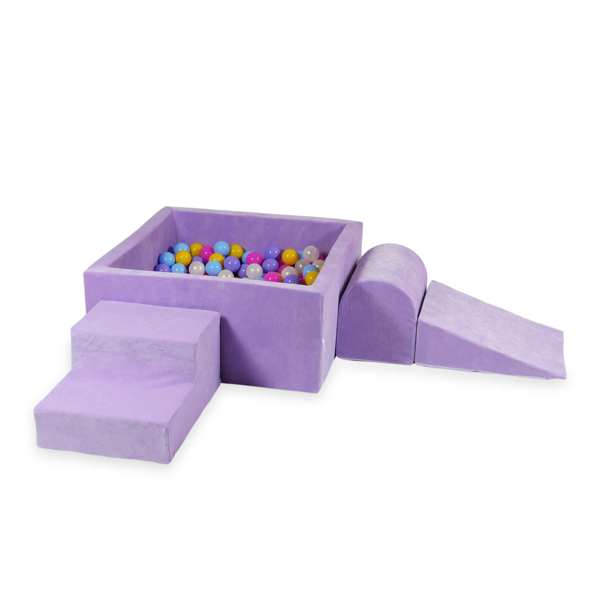Ensemble de jeu en mousse avec piscine carrée 90x90x40 Velvet Soft Violet + 400 balles (rose, chiné, jaune, bleu bébé, effet sirène)