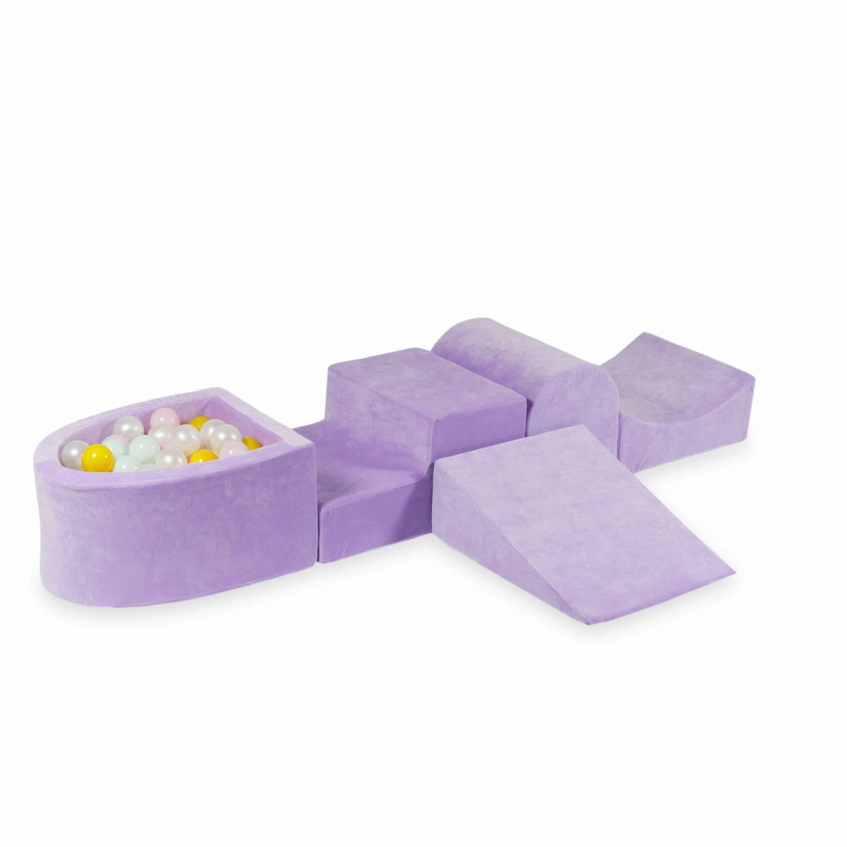 Coffret en mousse avec colline et micro-piscine Velvet Soft Purple + 100 balles (perle, rose bébé, jaune, menthe clair)