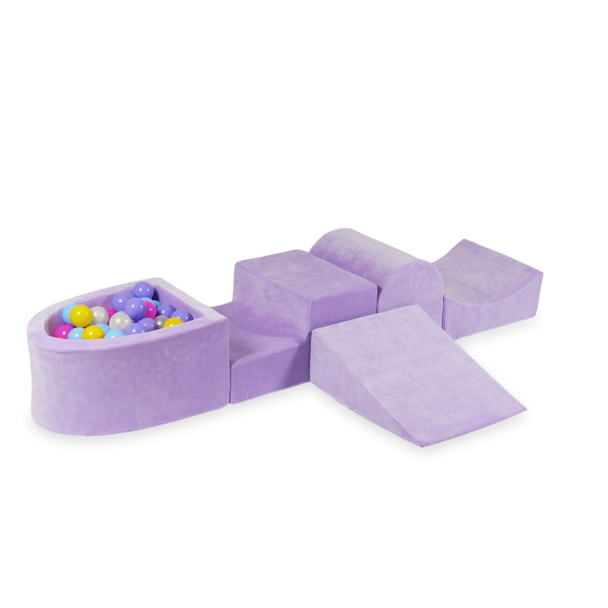 Coffret en mousse avec colline et micro-piscine Velvet Soft Purple + 100 balles (rose, chiné, jaune, bleu bébé, effet sirène)