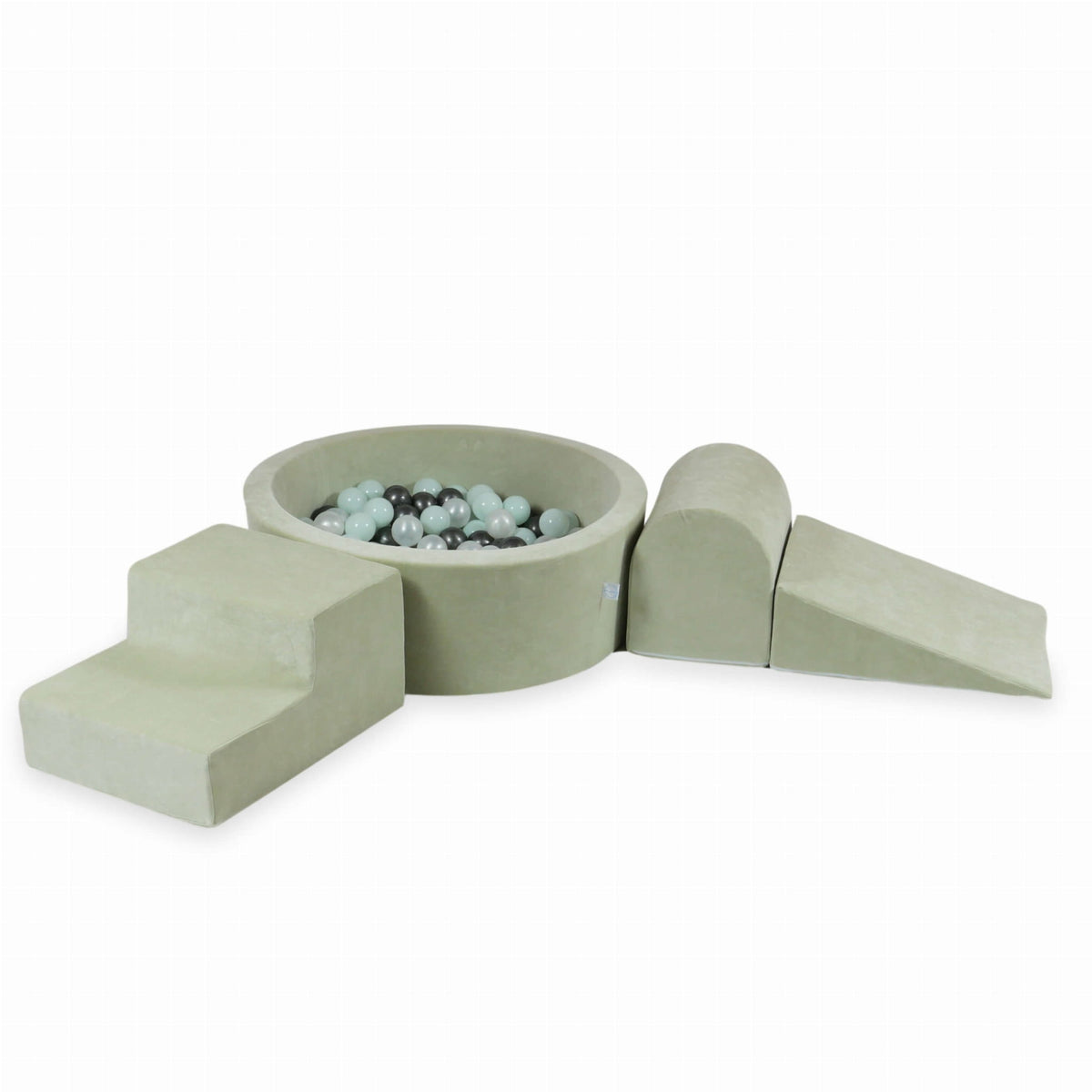 Coffret en mousse avec piscine ronde 90x30 Velvet Soft Lightmint + 200 balles (perle, menthe clair, graphite métallisé)