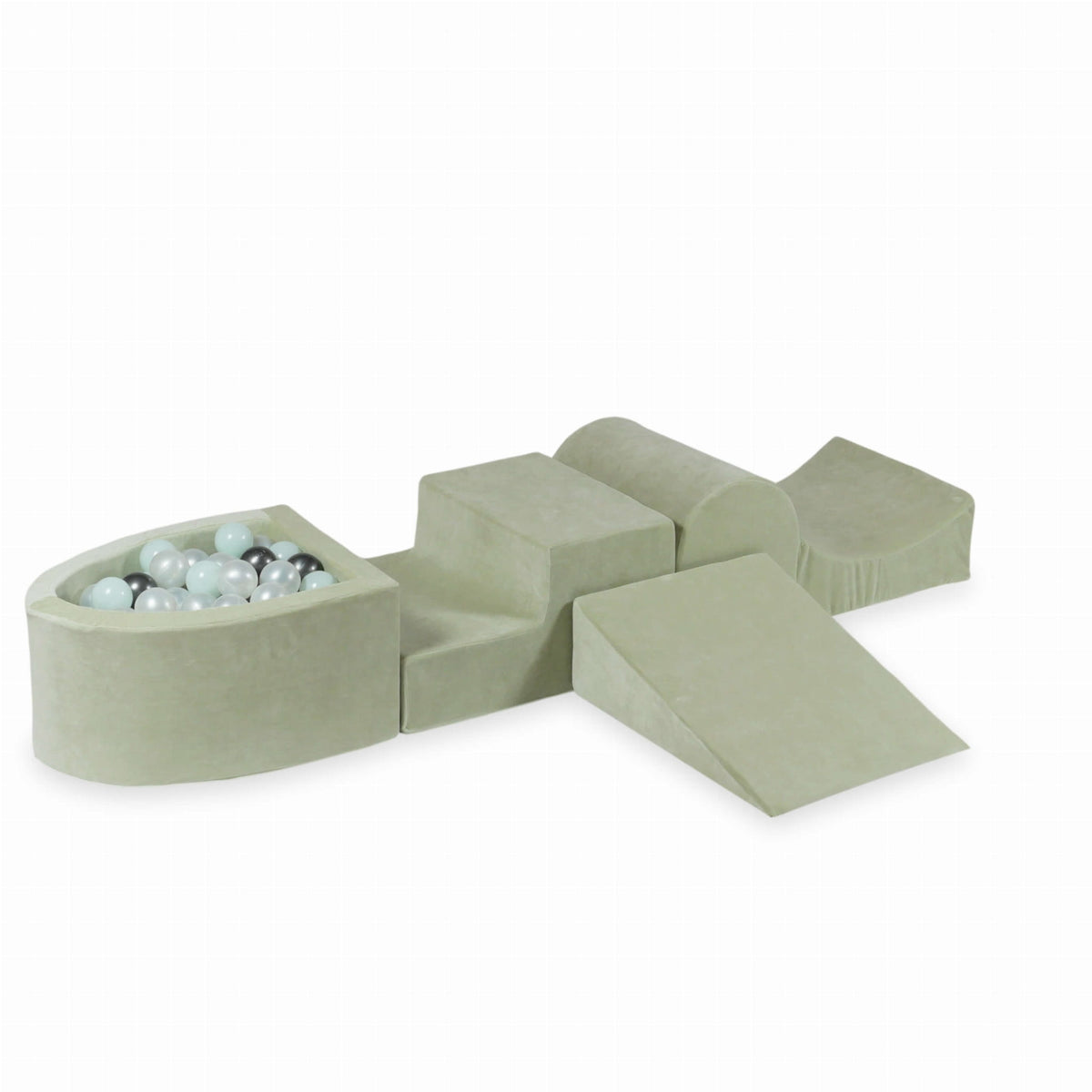 Coffret en mousse avec colline et micro-piscine Velvet Soft Lightmint + 100 balles (perle, menthe clair, graphite métallisé)