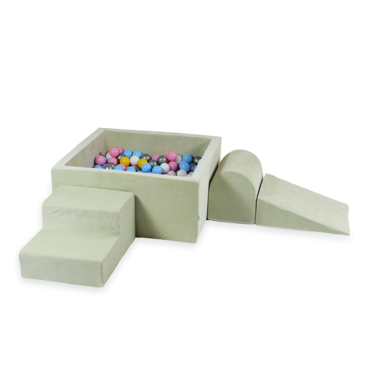 Coffret mousse avec piscine ronde 90x30 Velvet Soft Lightmint + 200 balles (blanc, argent, rose poudré, jaune, bleu bébé)