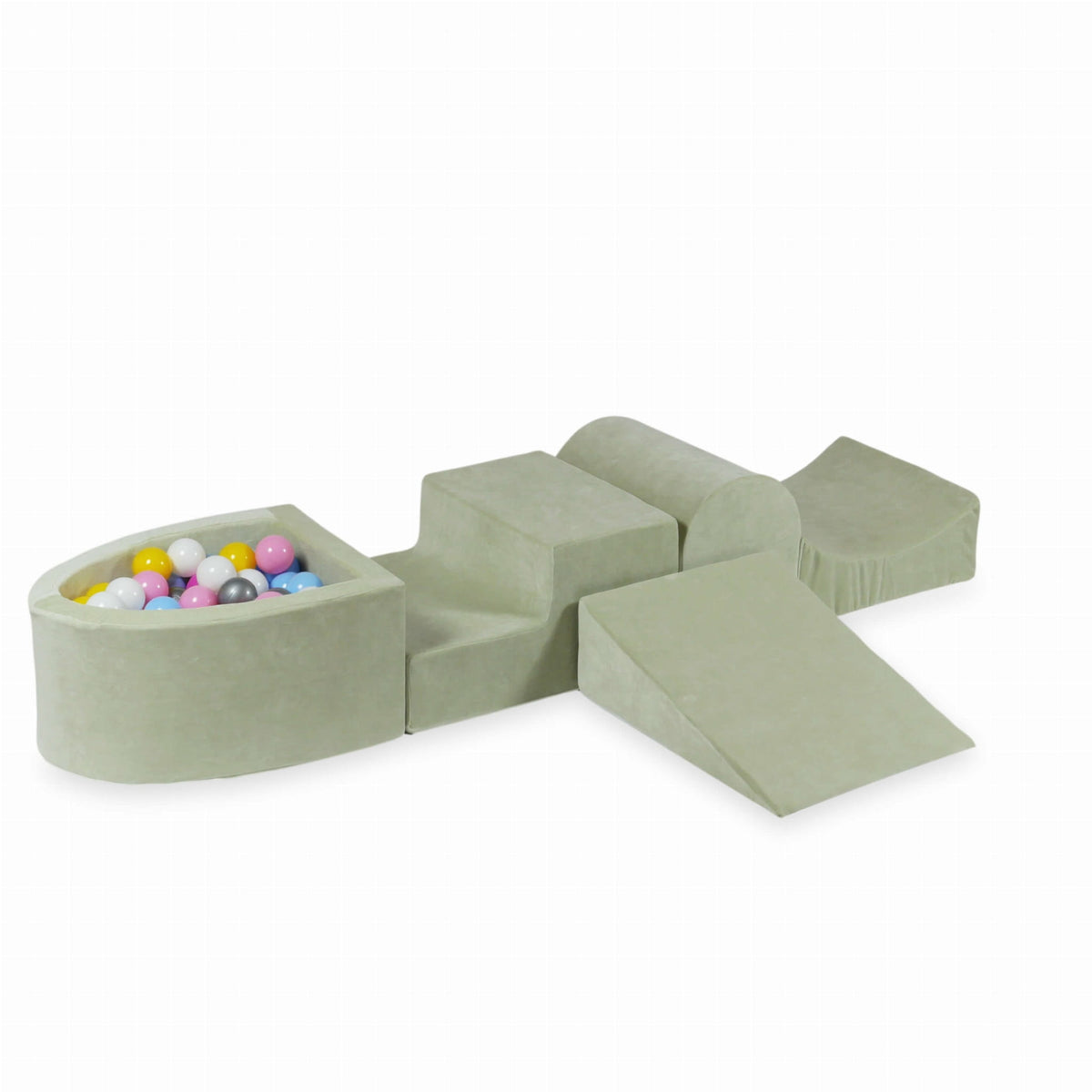 Coffret en mousse avec colline et micro-piscine Velvet Soft Lightmint + 100 balles (blanche, argent, rose poudré, jaune, bleu ciel)