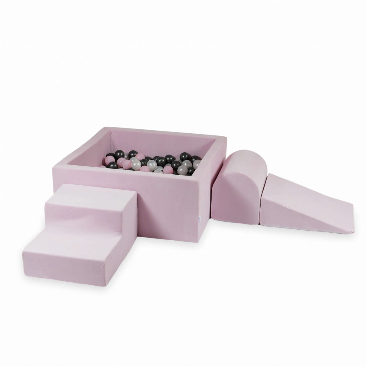 Jeu en mousse avec piscine carrée 90x90x40 Velvet Soft Light Pink + 400 balles (perle, rose bébé, graphite métallisé)